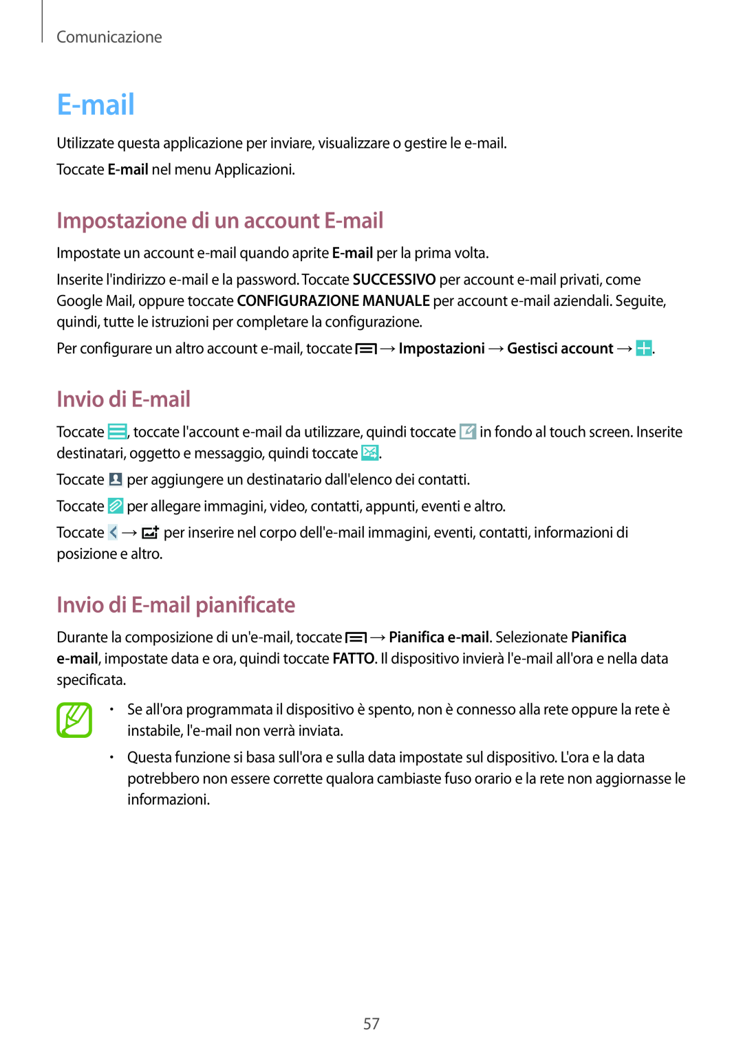 Samsung GT-I9515ZWAOMN manual Impostazione di un account E-mail, Invio di E-mail pianificate, Comunicazione 