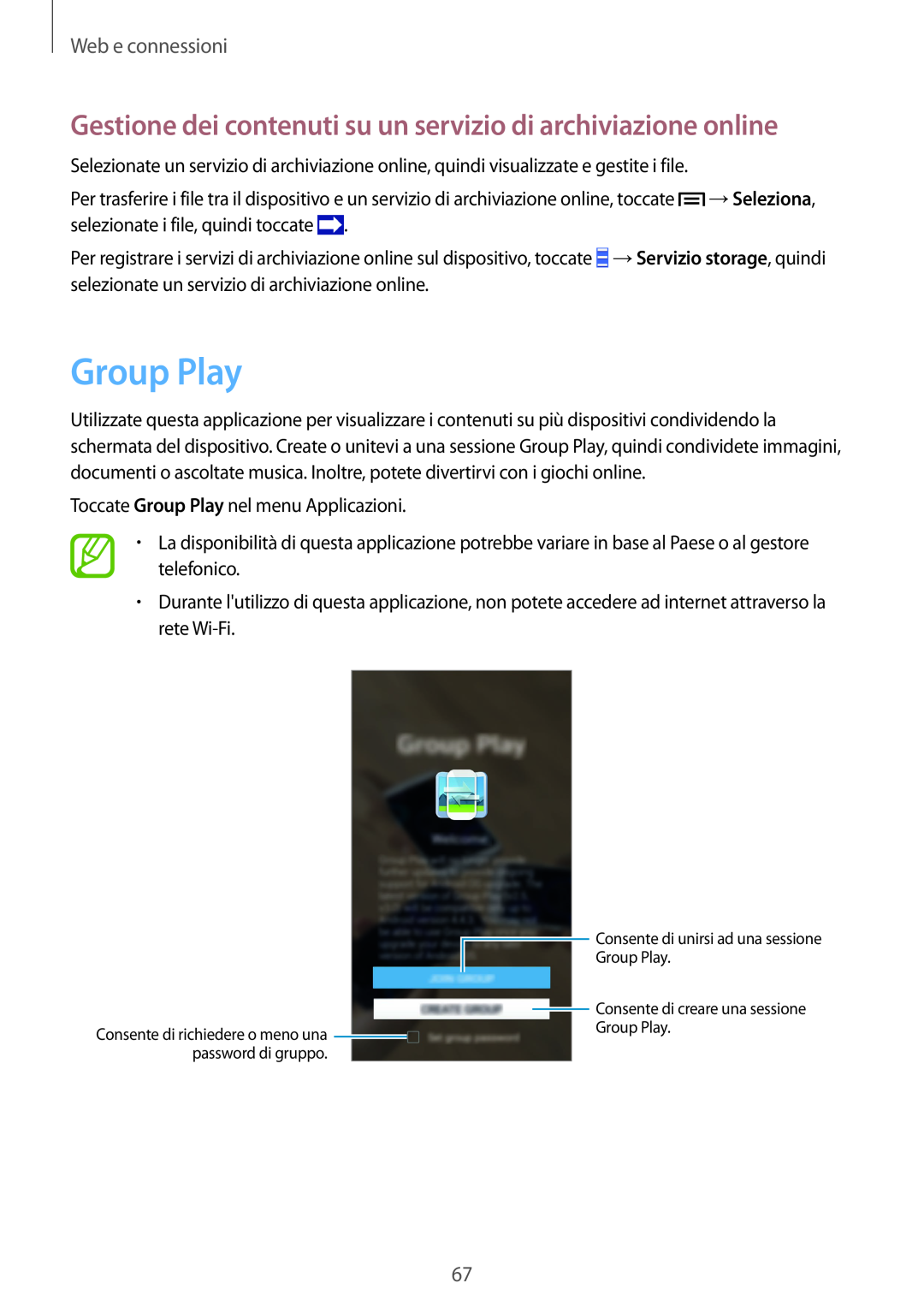 Samsung GT-I9515ZKATPL manual Group Play, Gestione dei contenuti su un servizio di archiviazione online, Web e connessioni 