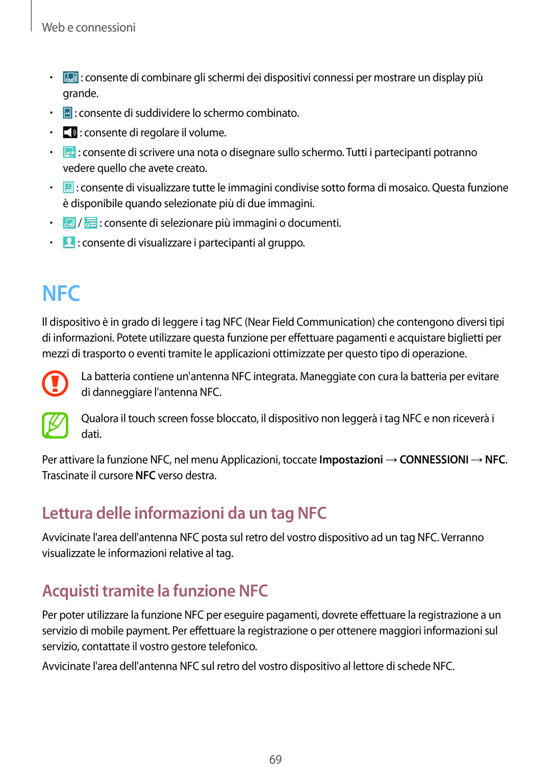 Samsung GT-I9515ZWAITV manual Lettura delle informazioni da un tag NFC, Acquisti tramite la funzione NFC, Web e connessioni 