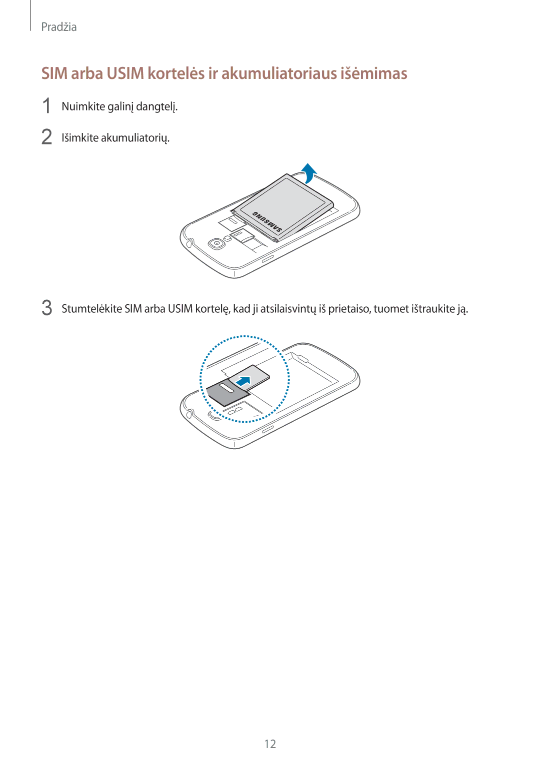 Samsung GT-I9515ZSASEB, GT-I9515ZWASEB manual SIM arba Usim kortelės ir akumuliatoriaus išėmimas 