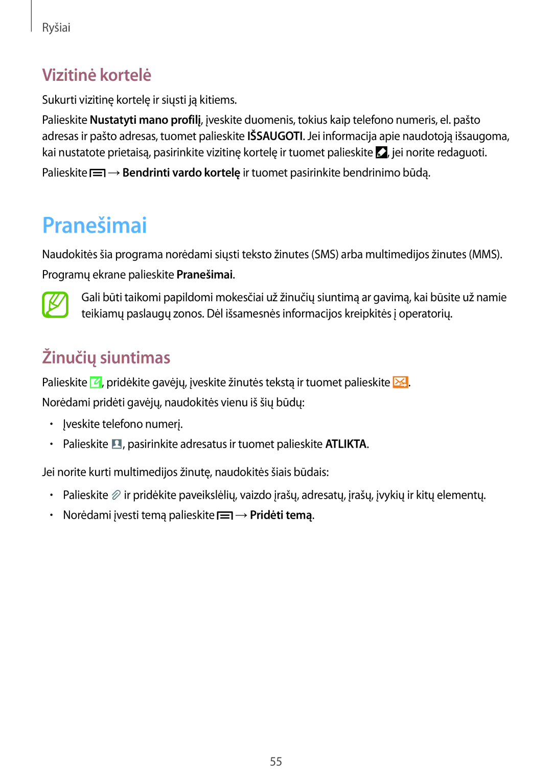 Samsung GT-I9515ZWASEB, GT-I9515ZSASEB manual Vizitinė kortelė, Žinučių siuntimas 