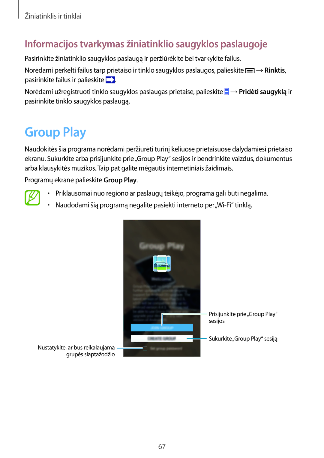 Samsung GT-I9515ZWASEB, GT-I9515ZSASEB manual Group Play, Informacijos tvarkymas žiniatinklio saugyklos paslaugoje 