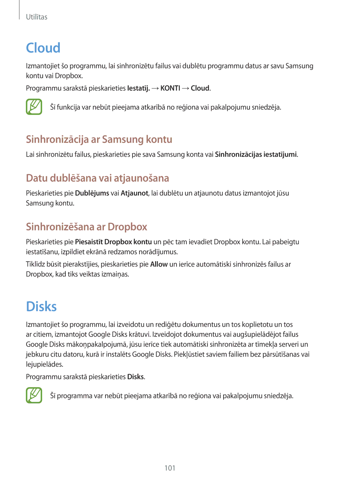 Samsung GT-I9515ZWASEB, GT-I9515ZSASEB manual Cloud, Disks, Sinhronizācija ar Samsung kontu, Datu dublēšana vai atjaunošana 