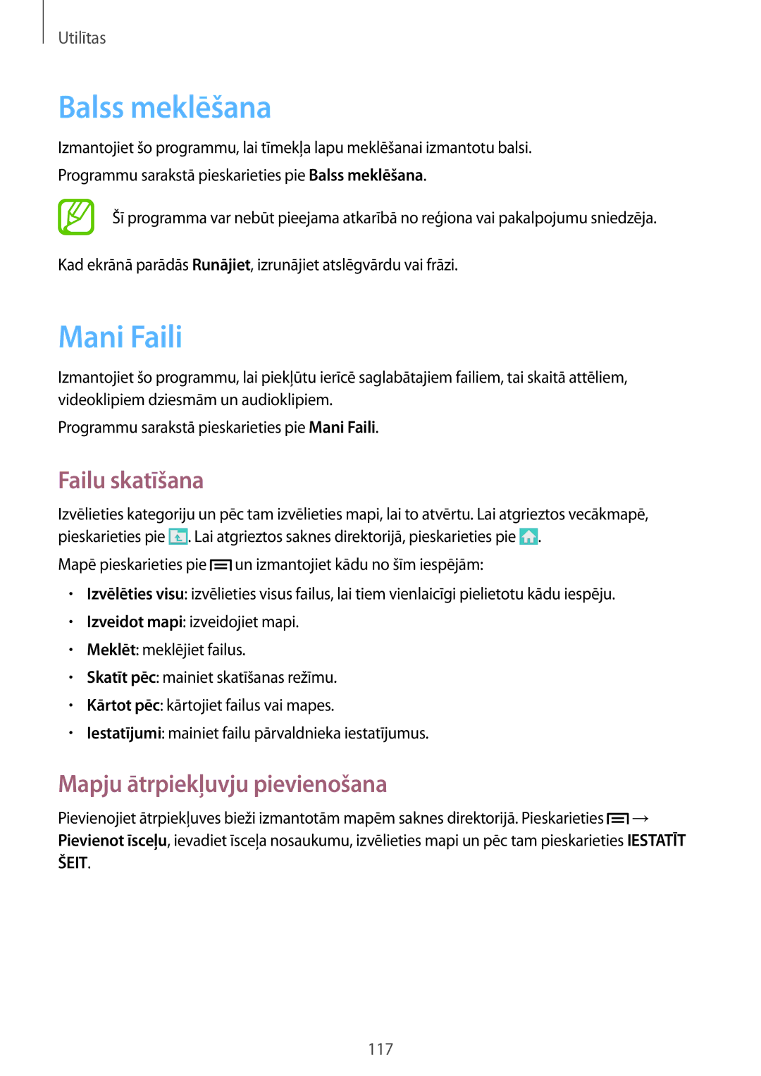 Samsung GT-I9515ZWASEB, GT-I9515ZSASEB manual Balss meklēšana, Mani Faili, Failu skatīšana, Mapju ātrpiekļuvju pievienošana 