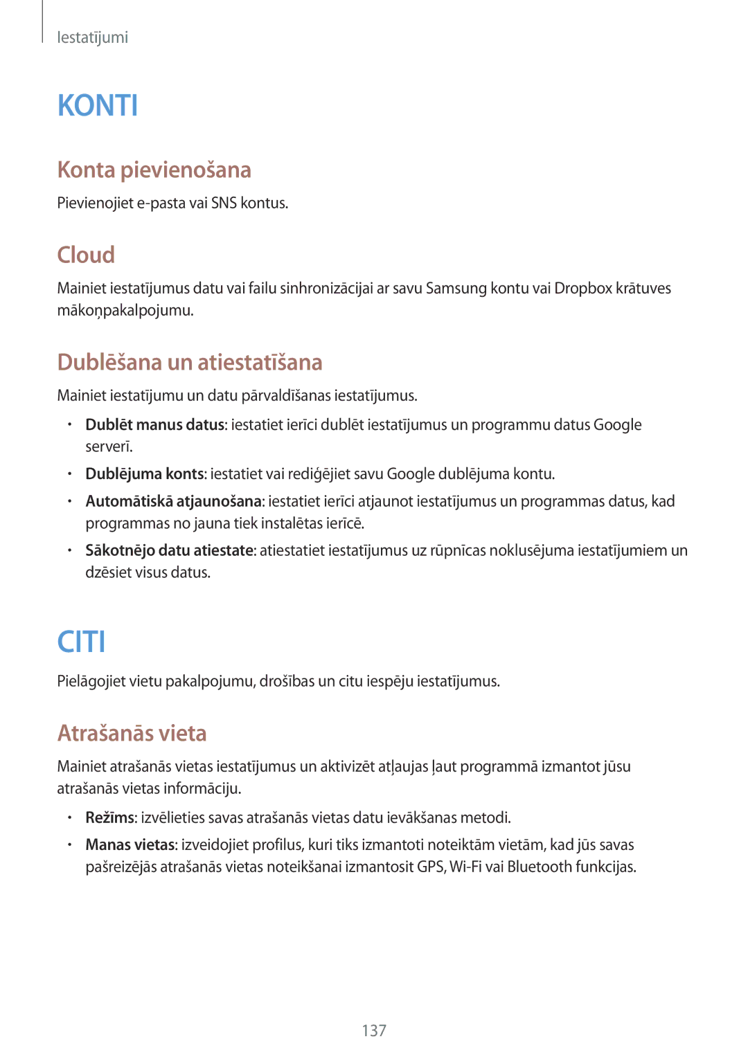 Samsung GT-I9515ZWASEB, GT-I9515ZSASEB manual Konta pievienošana, Cloud, Dublēšana un atiestatīšana, Atrašanās vieta 