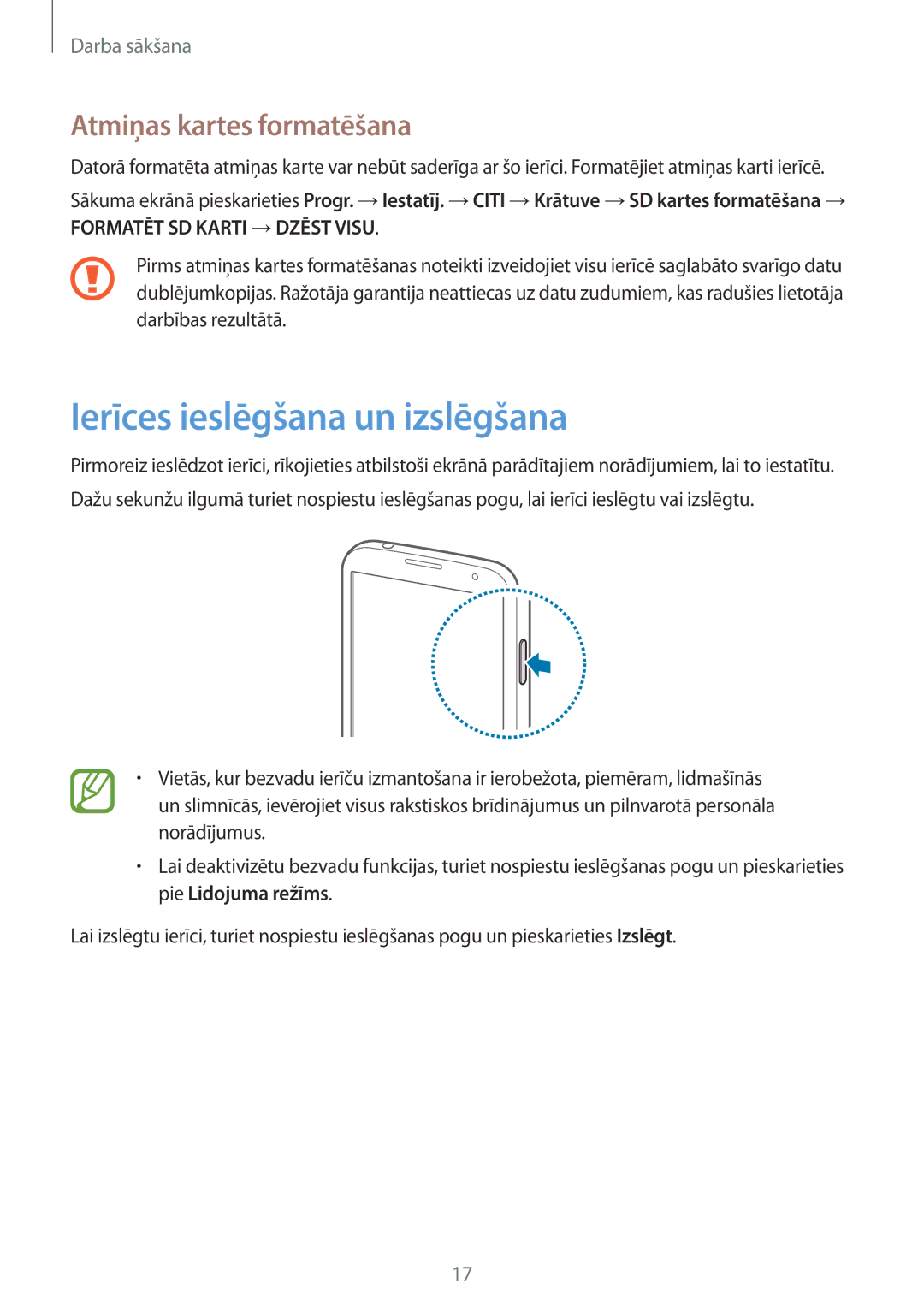 Samsung GT-I9515ZWASEB, GT-I9515ZSASEB manual Ierīces ieslēgšana un izslēgšana, Atmiņas kartes formatēšana 