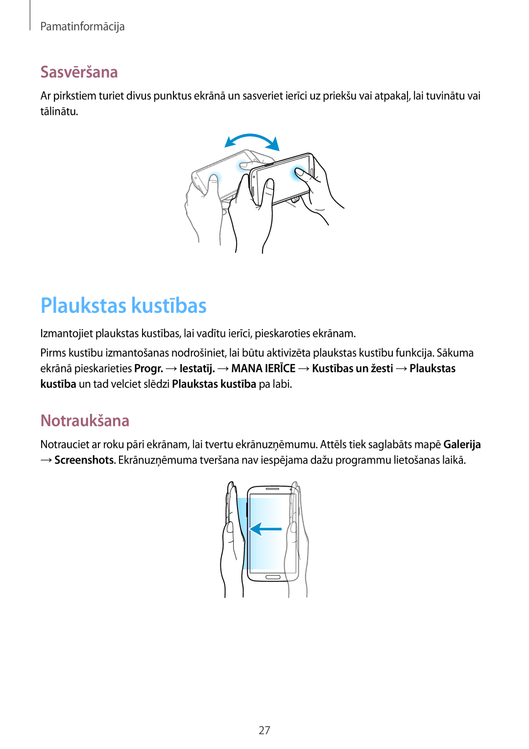 Samsung GT-I9515ZWASEB, GT-I9515ZSASEB manual Plaukstas kustības, Sasvēršana, Notraukšana 