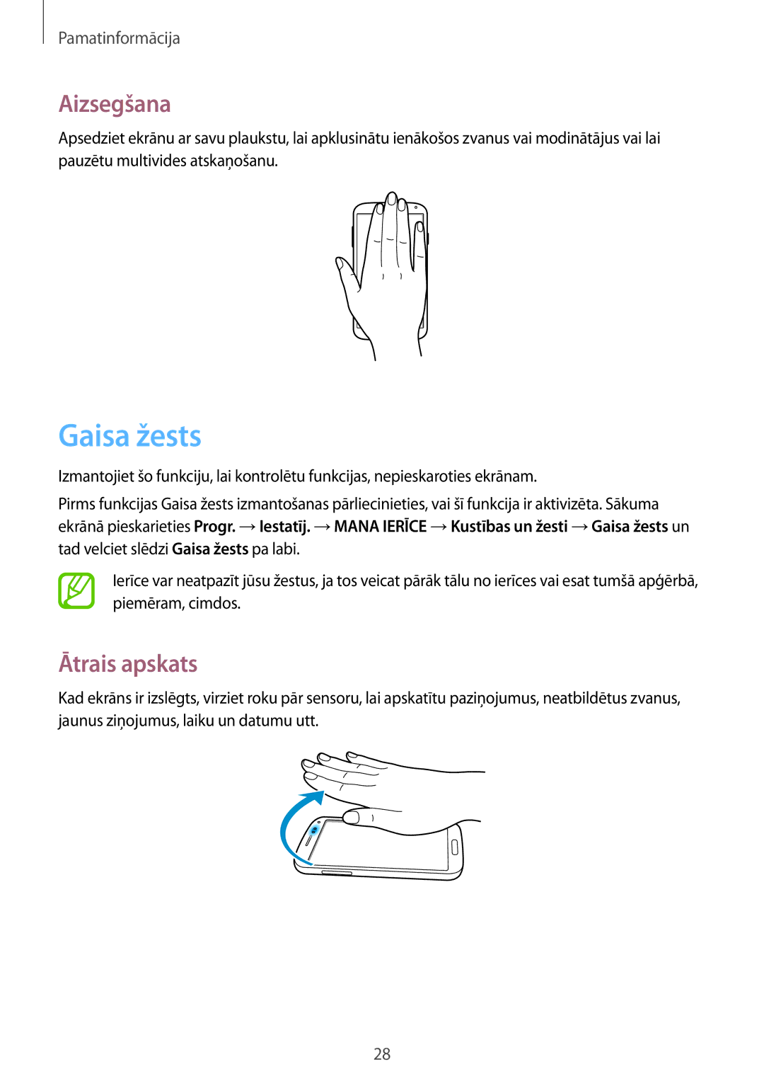 Samsung GT-I9515ZSASEB, GT-I9515ZWASEB manual Gaisa žests, Aizsegšana, Ātrais apskats 