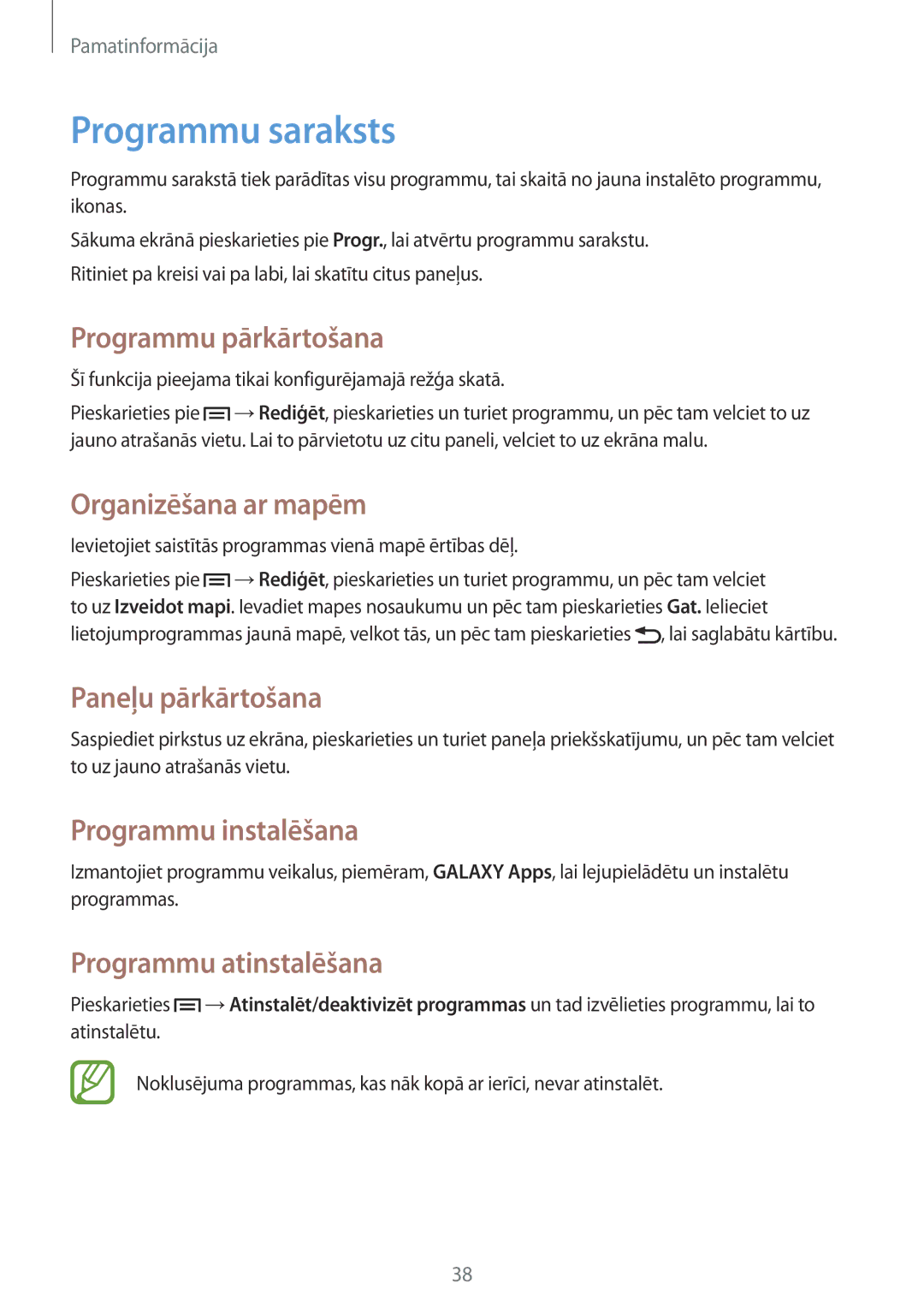 Samsung GT-I9515ZSASEB manual Programmu saraksts, Programmu pārkārtošana, Organizēšana ar mapēm, Programmu instalēšana 