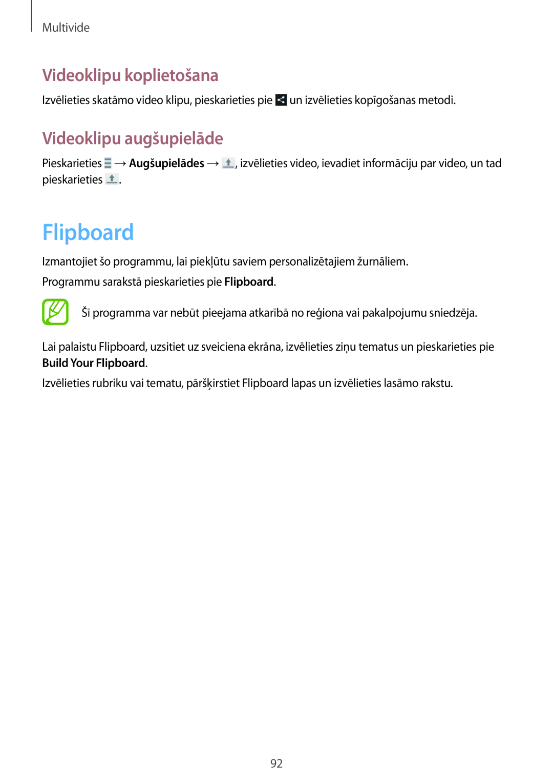 Samsung GT-I9515ZSASEB, GT-I9515ZWASEB manual Flipboard, Videoklipu augšupielāde 