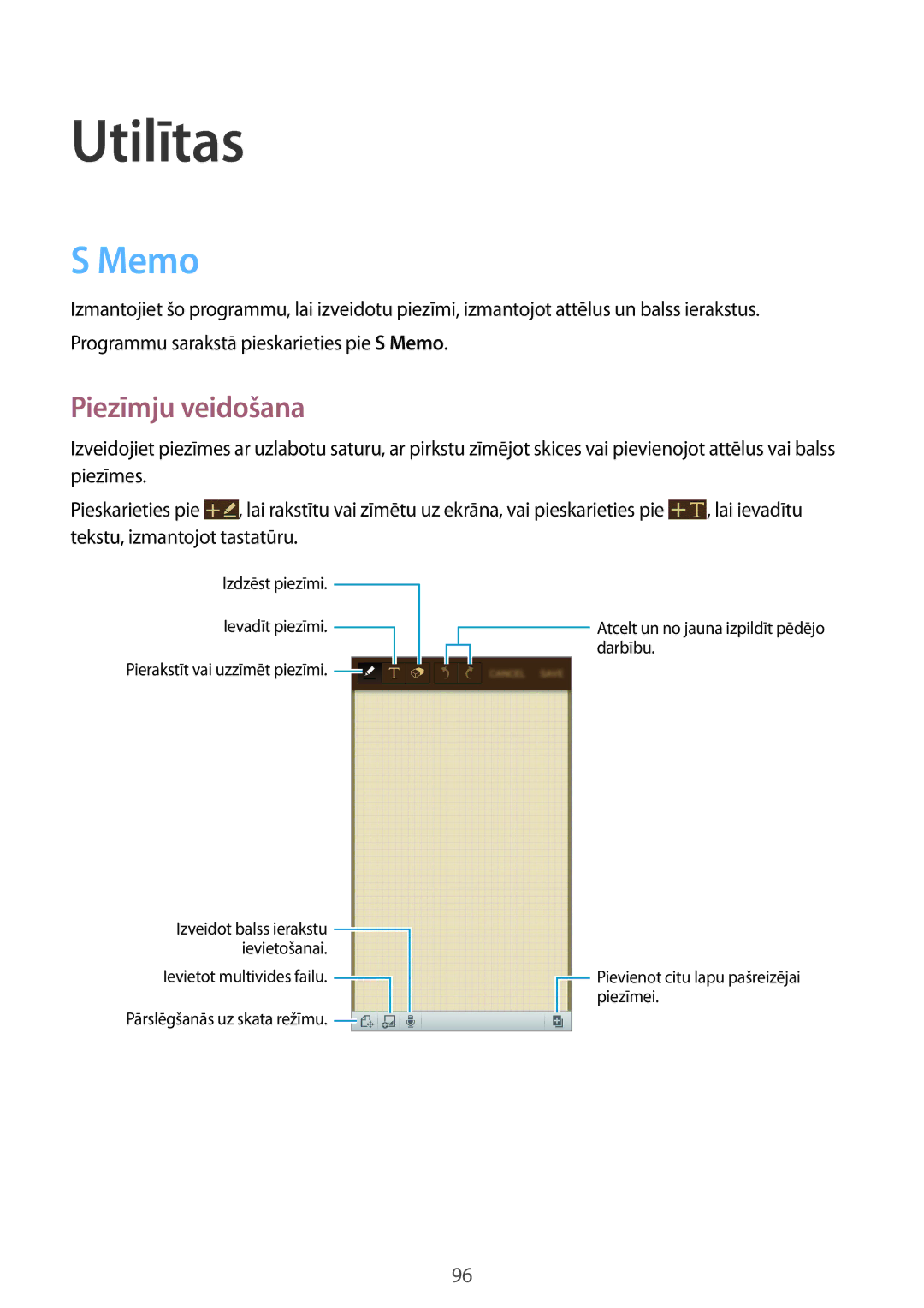 Samsung GT-I9515ZSASEB, GT-I9515ZWASEB manual Utilītas, Memo, Piezīmju veidošana 