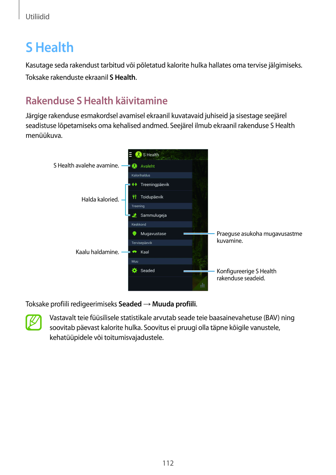 Samsung GT-I9515ZSASEB, GT-I9515ZWASEB manual Rakenduse S Health käivitamine 