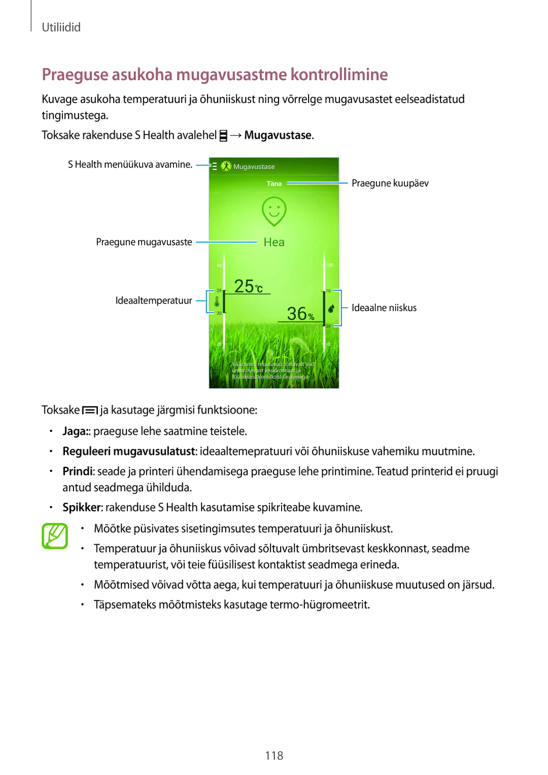 Samsung GT-I9515ZSASEB manual Praeguse asukoha mugavusastme kontrollimine, Toksake rakenduse S Health avalehel →Mugavustase 