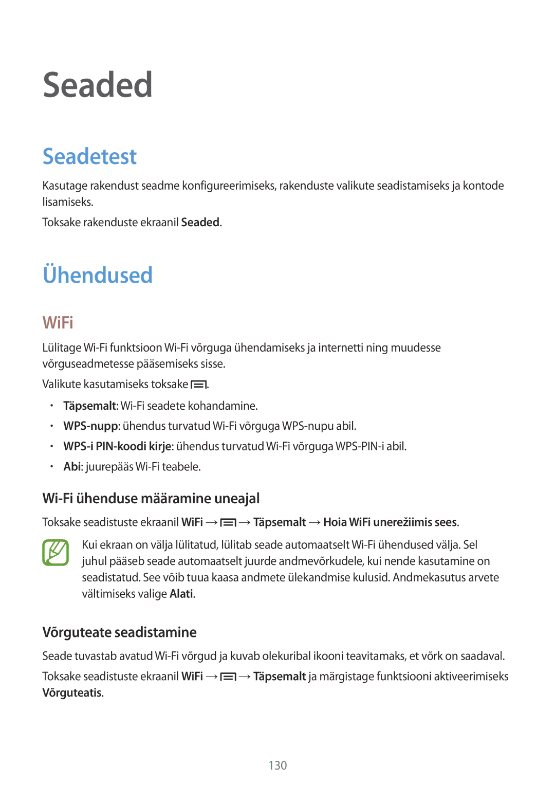 Samsung GT-I9515ZSASEB manual Seadetest, Ühendused, WiFi, Wi-Fi ühenduse määramine uneajal, Võrguteate seadistamine 