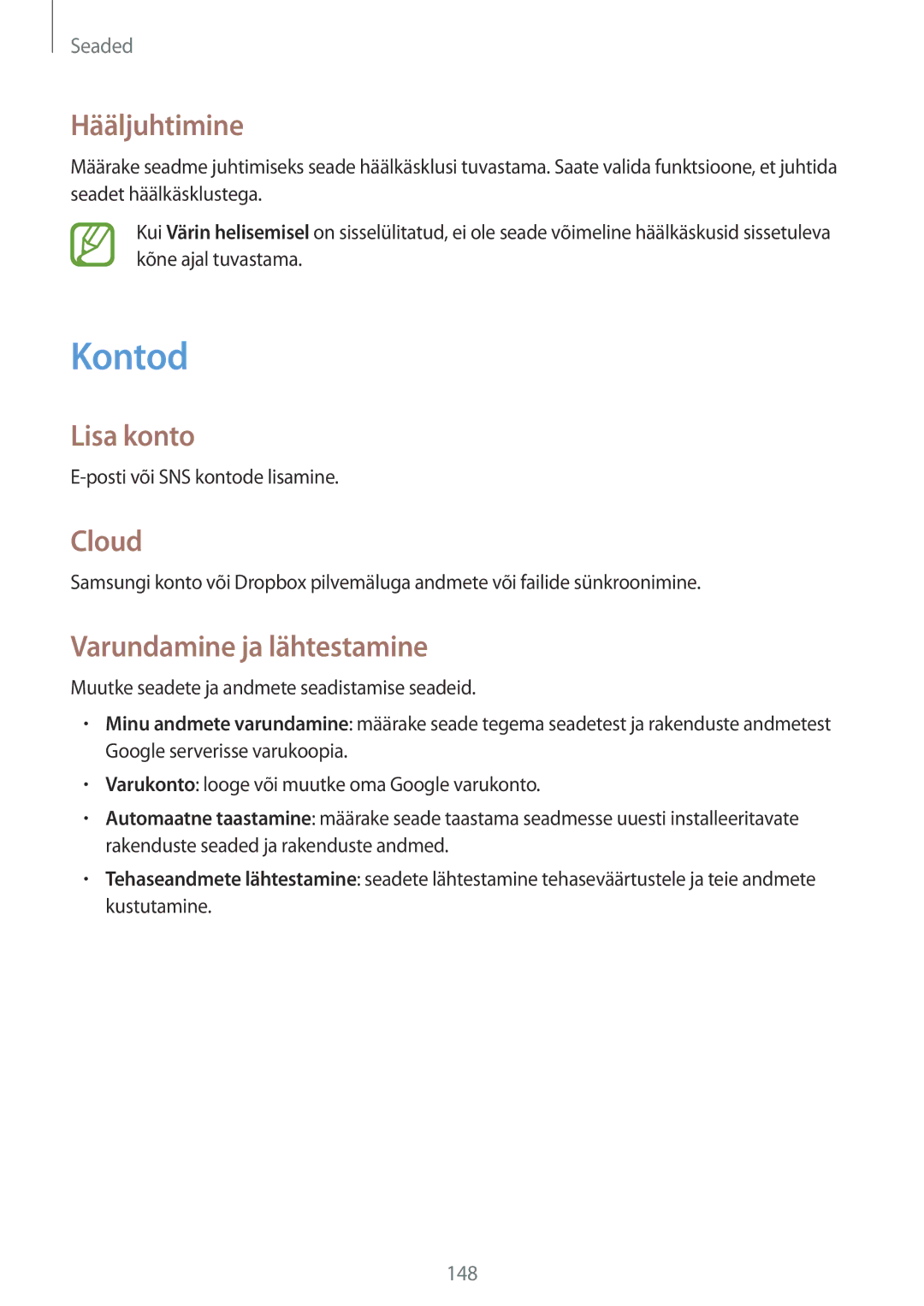 Samsung GT-I9515ZSASEB, GT-I9515ZWASEB manual Kontod, Hääljuhtimine, Lisa konto, Cloud, Varundamine ja lähtestamine 