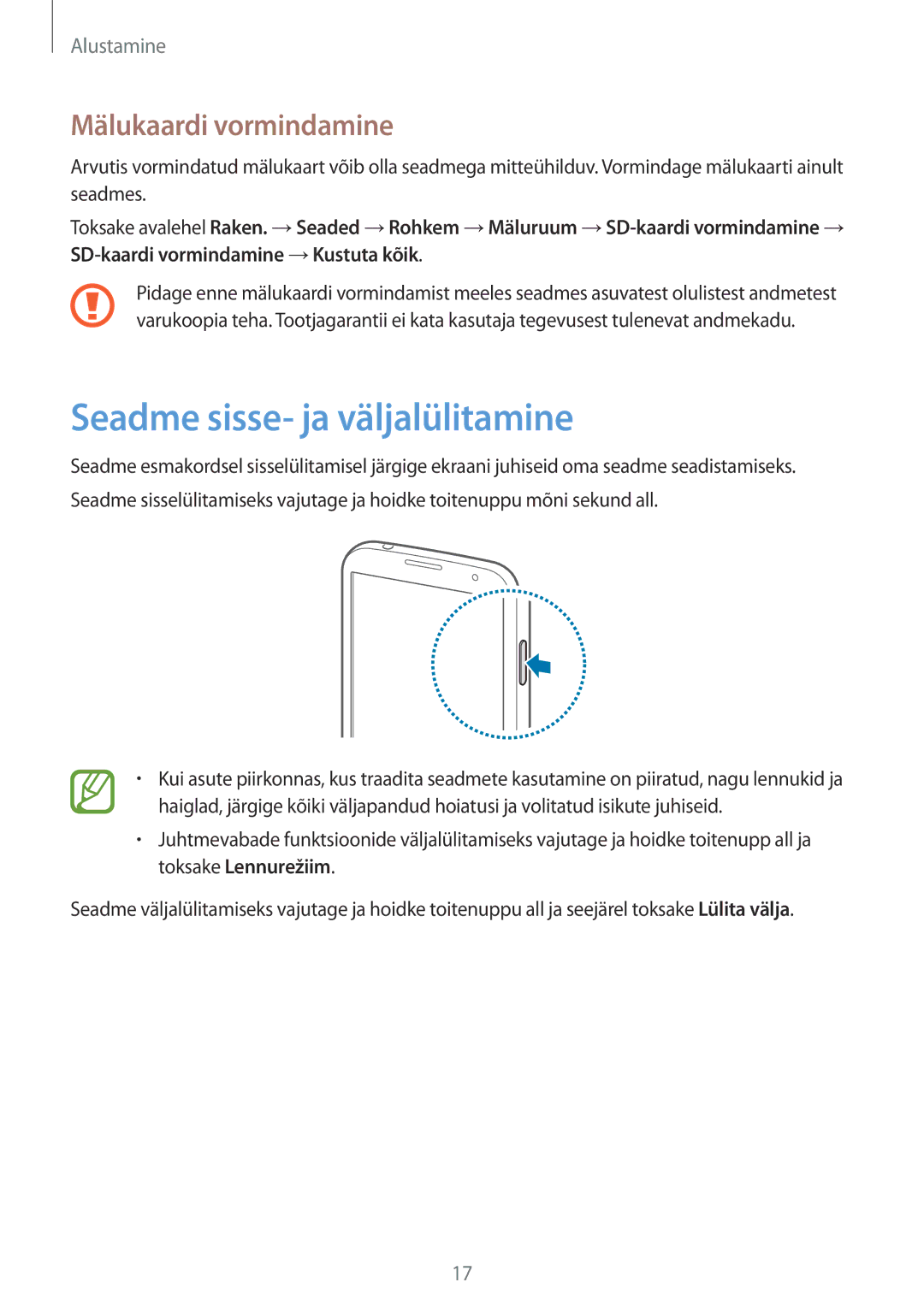 Samsung GT-I9515ZWASEB, GT-I9515ZSASEB manual Seadme sisse- ja väljalülitamine, Mälukaardi vormindamine 