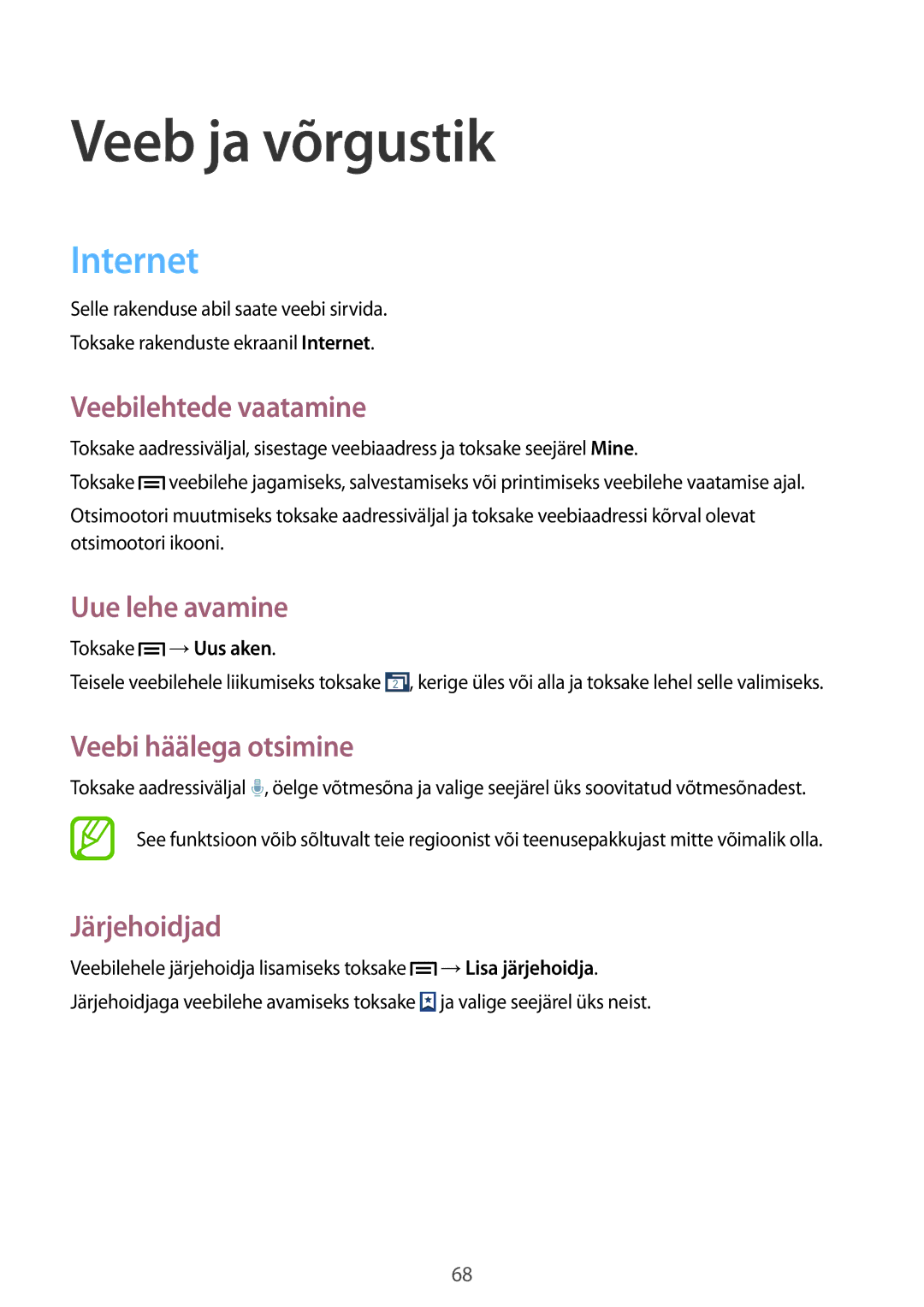 Samsung GT-I9515ZSASEB manual Internet, Veebilehtede vaatamine, Uue lehe avamine, Veebi häälega otsimine, Järjehoidjad 