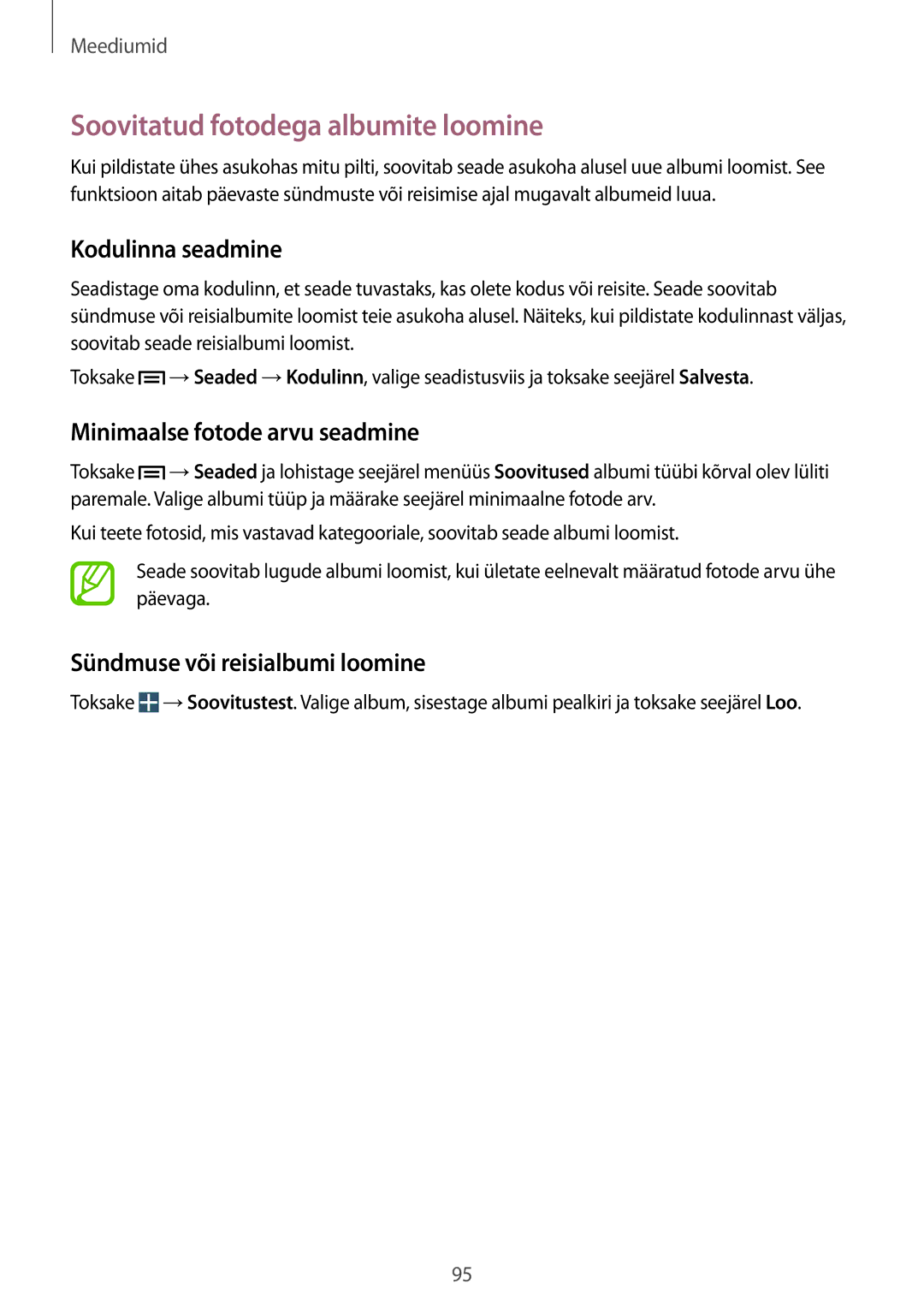 Samsung GT-I9515ZWASEB manual Soovitatud fotodega albumite loomine, Kodulinna seadmine, Minimaalse fotode arvu seadmine 