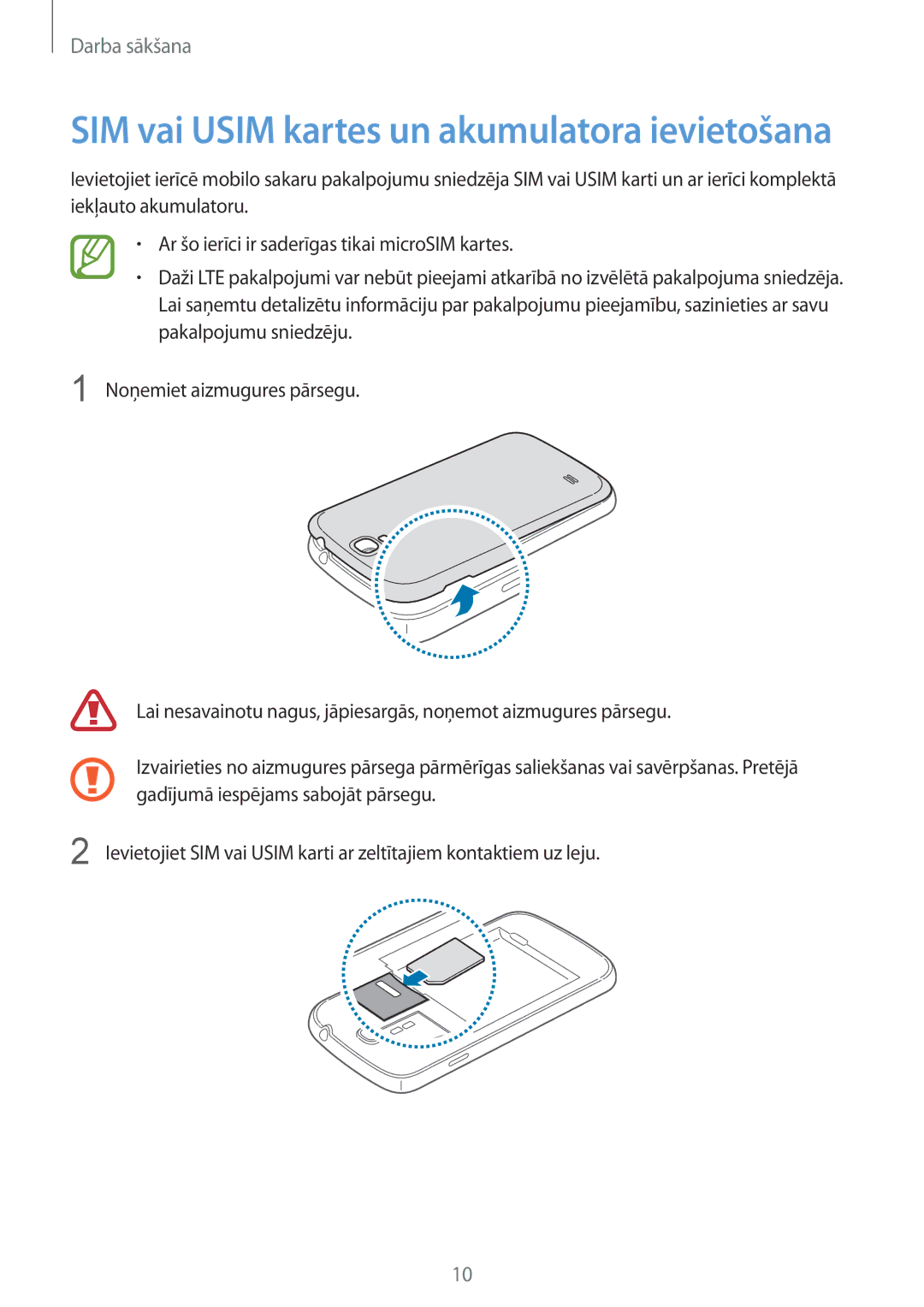 Samsung GT-I9515ZSASEB, GT-I9515ZWASEB manual SIM vai Usim kartes un akumulatora ievietošana 