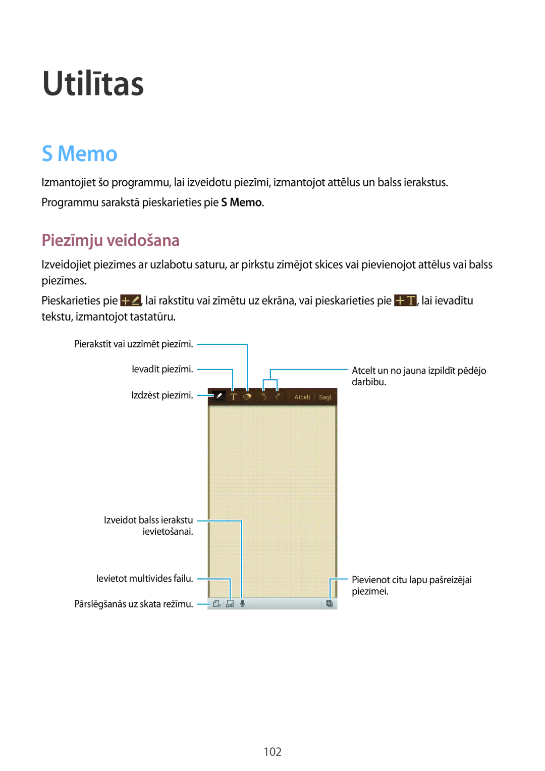 Samsung GT-I9515ZSASEB, GT-I9515ZWASEB manual Utilītas, Memo, Piezīmju veidošana 
