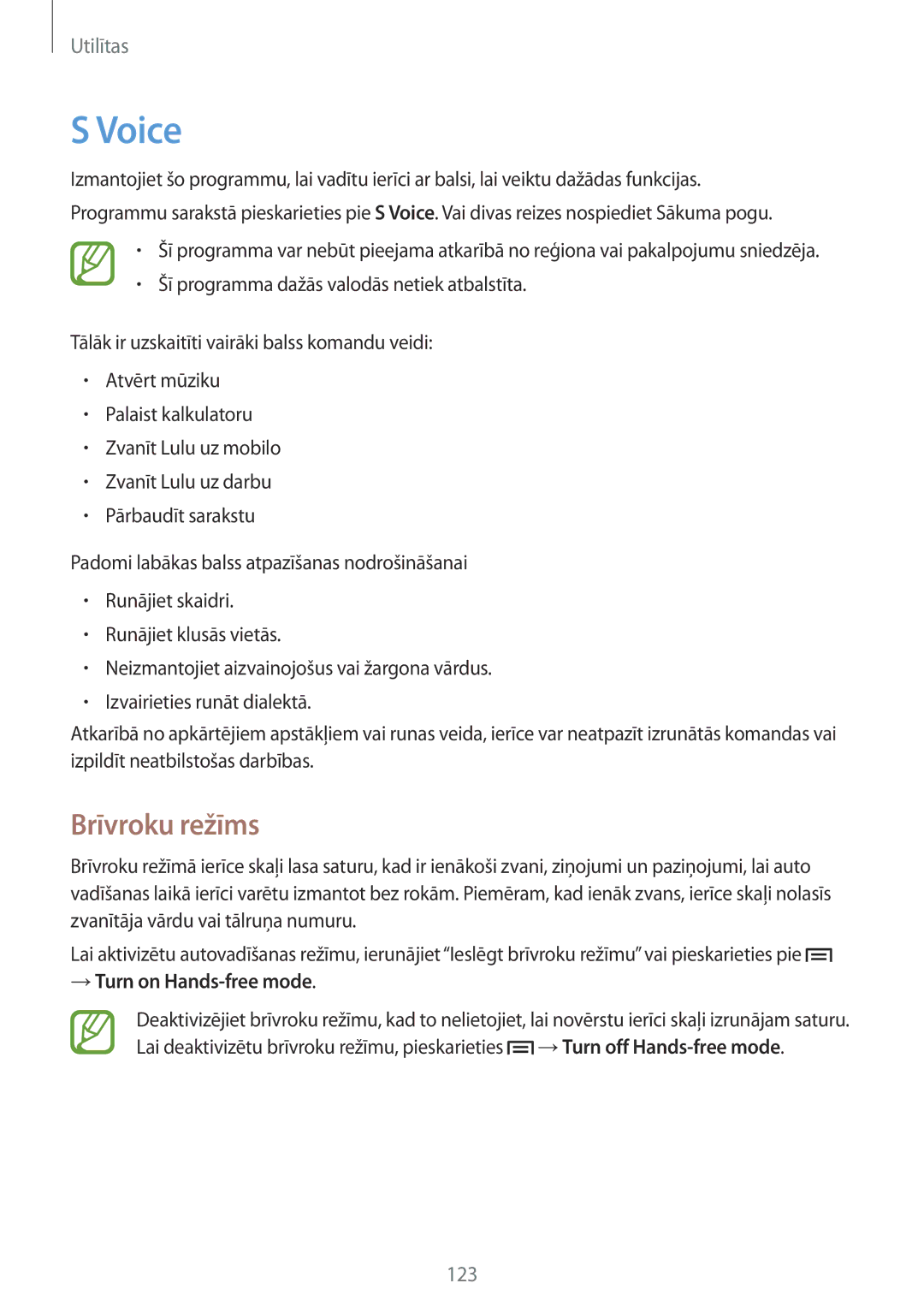 Samsung GT-I9515ZWASEB, GT-I9515ZSASEB manual Voice, Brīvroku režīms, → Turn on Hands-free mode 