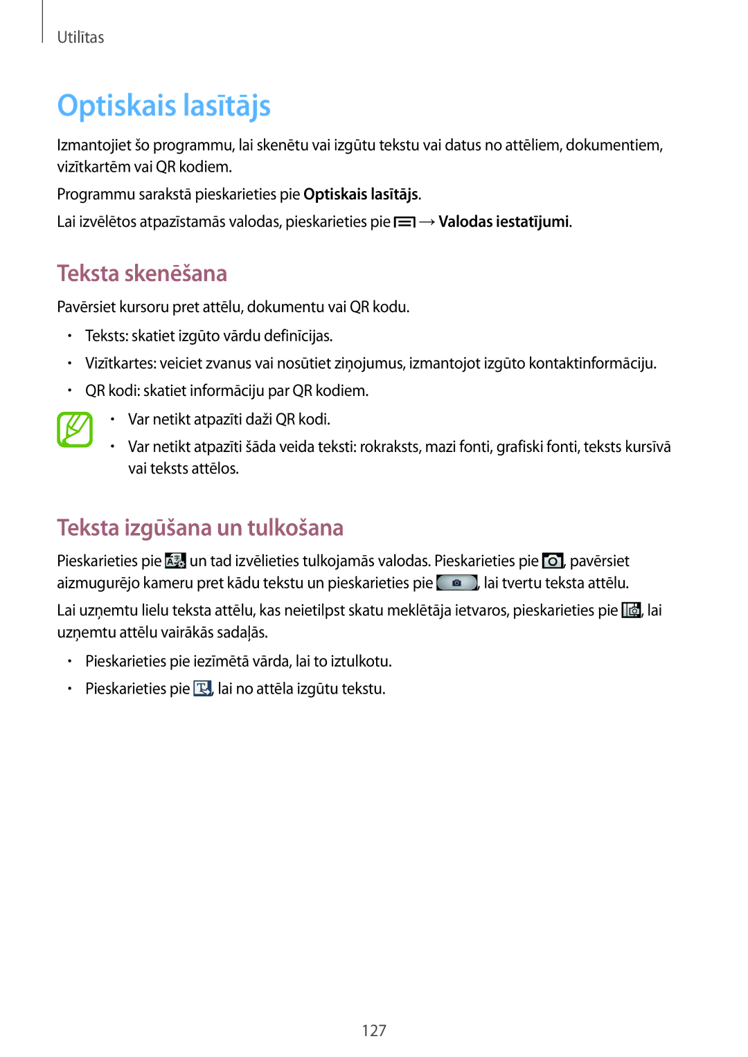 Samsung GT-I9515ZWASEB, GT-I9515ZSASEB manual Optiskais lasītājs, Teksta skenēšana, Teksta izgūšana un tulkošana 