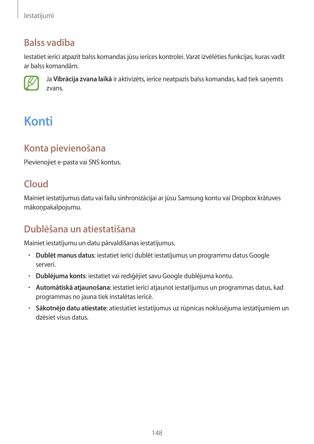 Samsung GT-I9515ZSASEB, GT-I9515ZWASEB manual Konti, Balss vadība, Konta pievienošana, Cloud, Dublēšana un atiestatīšana 
