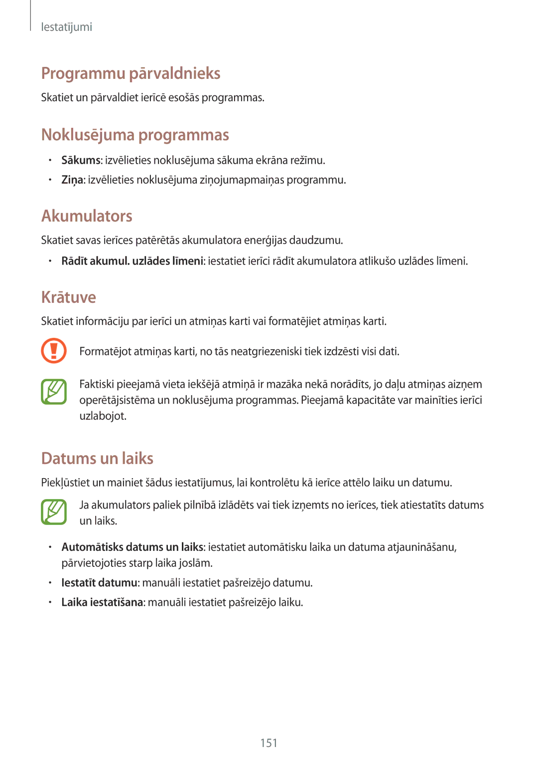 Samsung GT-I9515ZWASEB manual Programmu pārvaldnieks, Noklusējuma programmas, Akumulators, Krātuve, Datums un laiks 