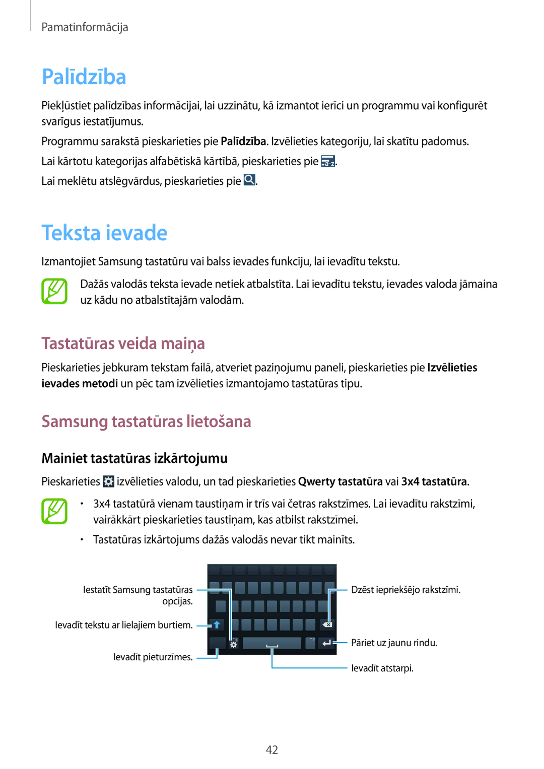 Samsung GT-I9515ZSASEB, GT-I9515ZWASEB manual Palīdzība, Teksta ievade, Tastatūras veida maiņa, Samsung tastatūras lietošana 