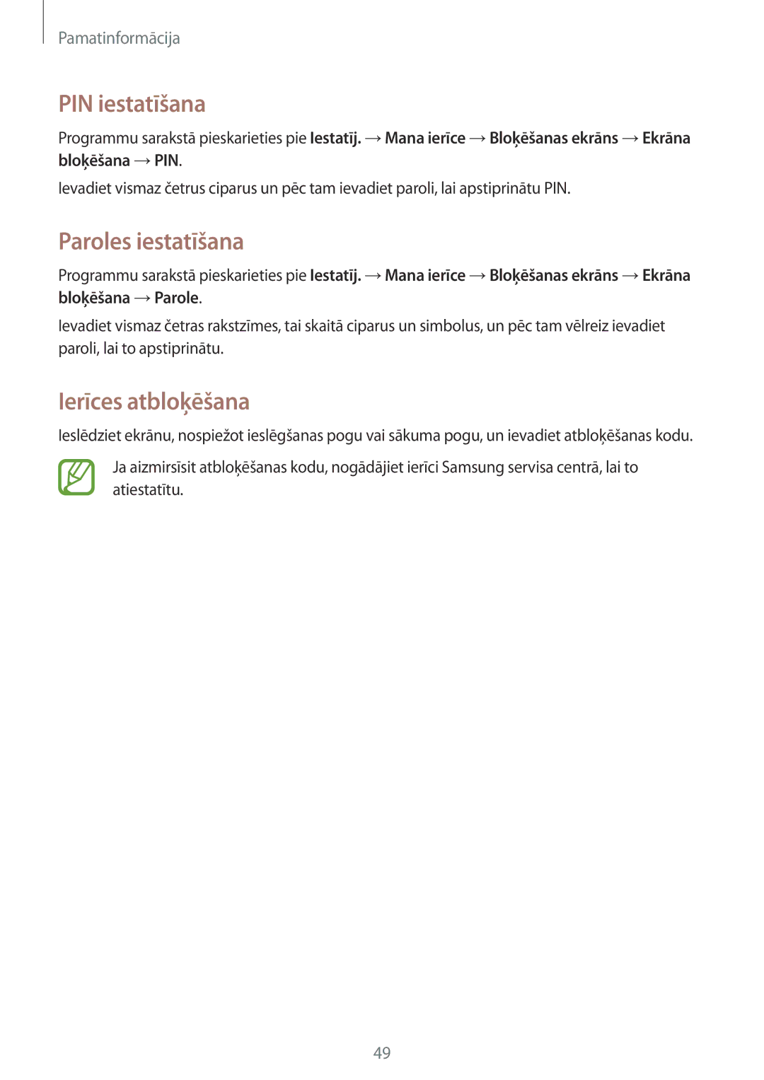 Samsung GT-I9515ZWASEB, GT-I9515ZSASEB manual PIN iestatīšana, Paroles iestatīšana, Ierīces atbloķēšana 