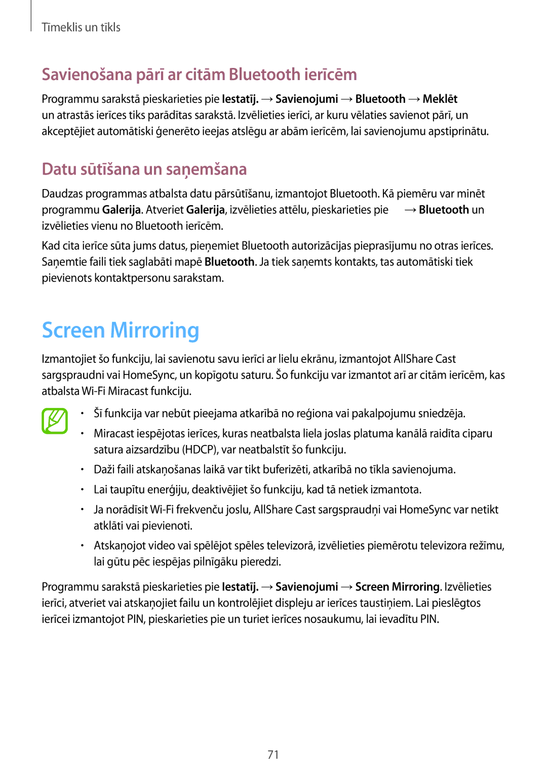 Samsung GT-I9515ZWASEB manual Screen Mirroring, Savienošana pārī ar citām Bluetooth ierīcēm, Datu sūtīšana un saņemšana 