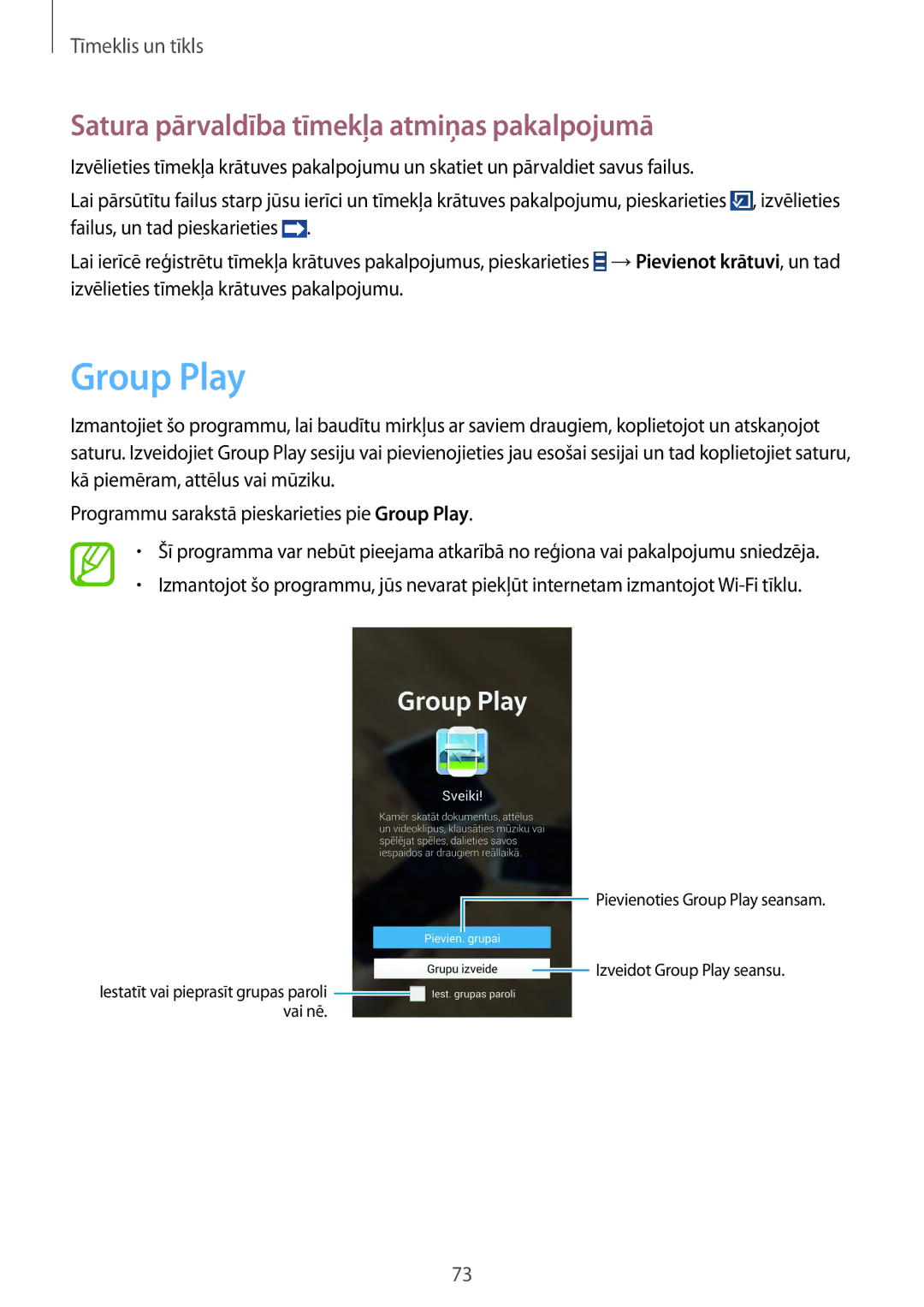 Samsung GT-I9515ZWASEB, GT-I9515ZSASEB manual Group Play, Satura pārvaldība tīmekļa atmiņas pakalpojumā 