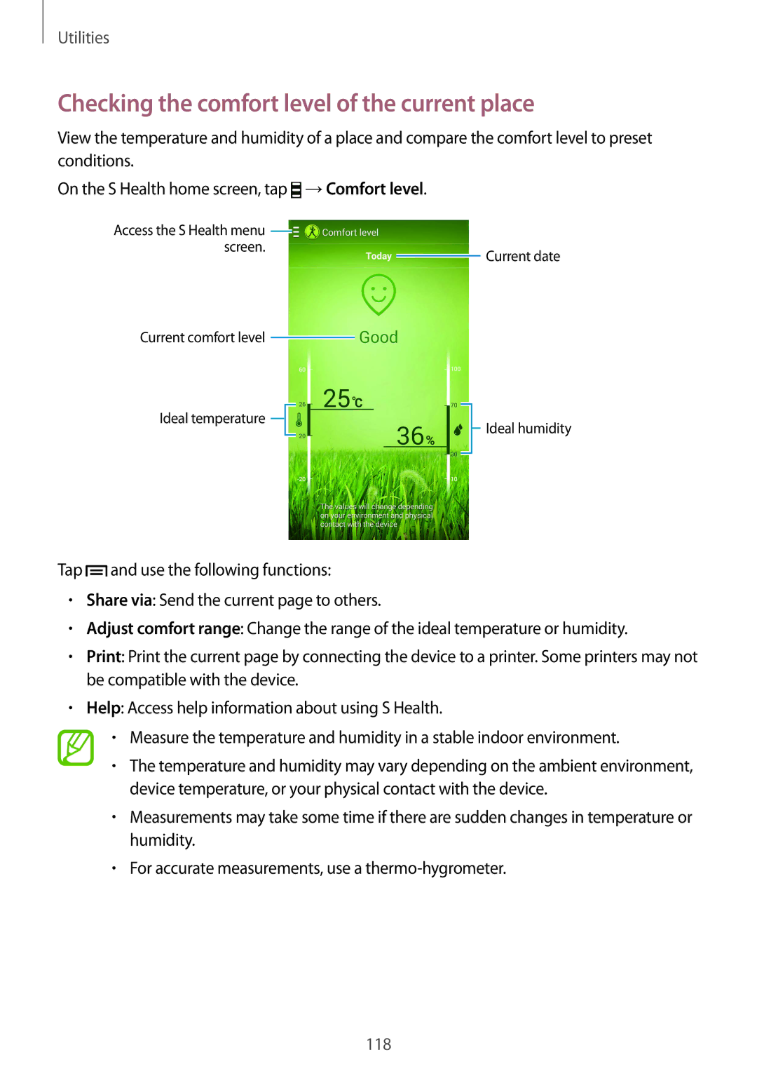 Samsung GT-I9515ZWATIM Checking the comfort level of the current place, On the S Health home screen, tap →Comfort level 