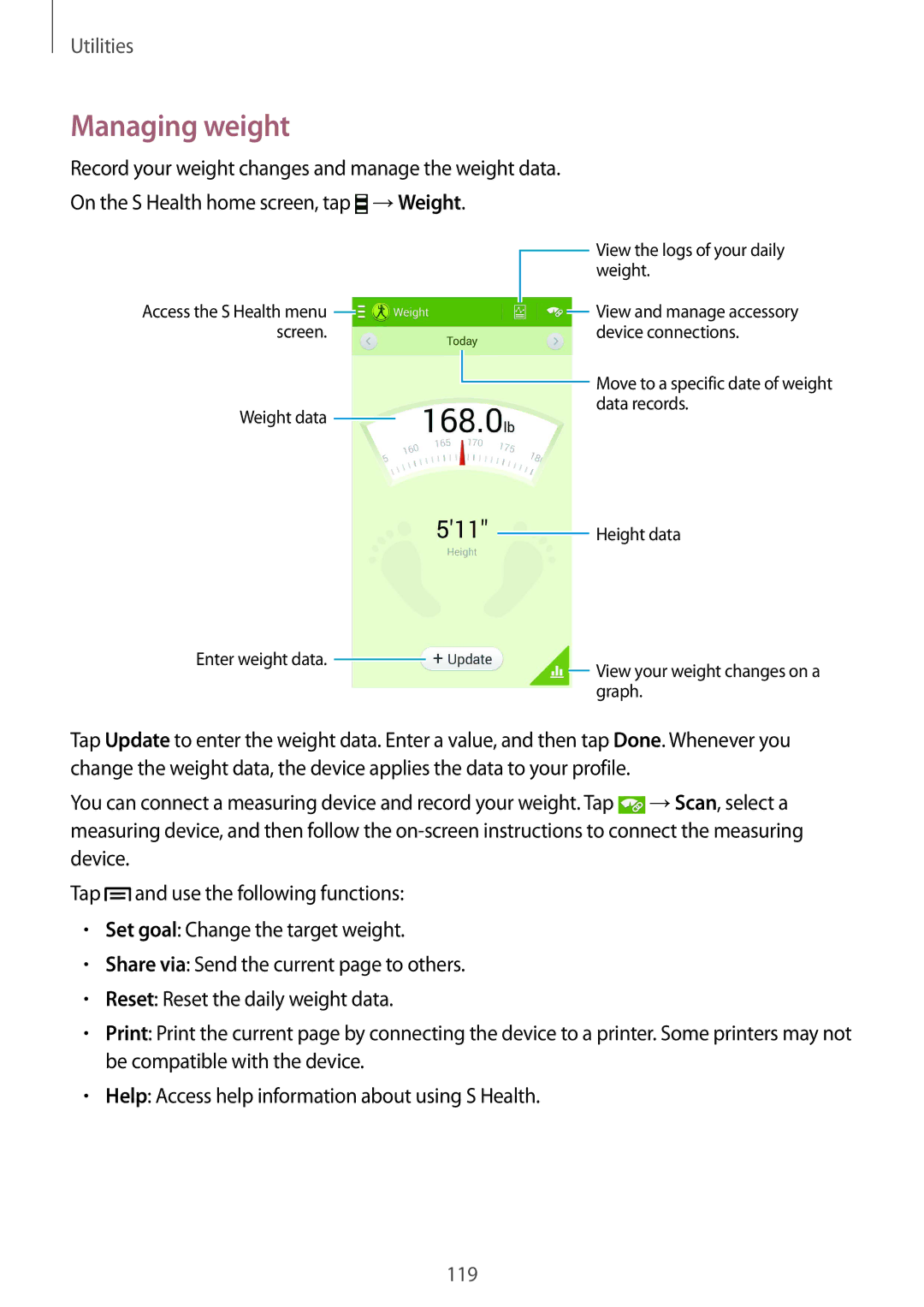 Samsung GT-I9515ZWAROM, GT-I9515ZWAVD2, GT-I9515ZSADBT, GT-I9515ZKAPLS, GT-I9515ZWAXEO, GT-I9515ZWADBT manual Managing weight 