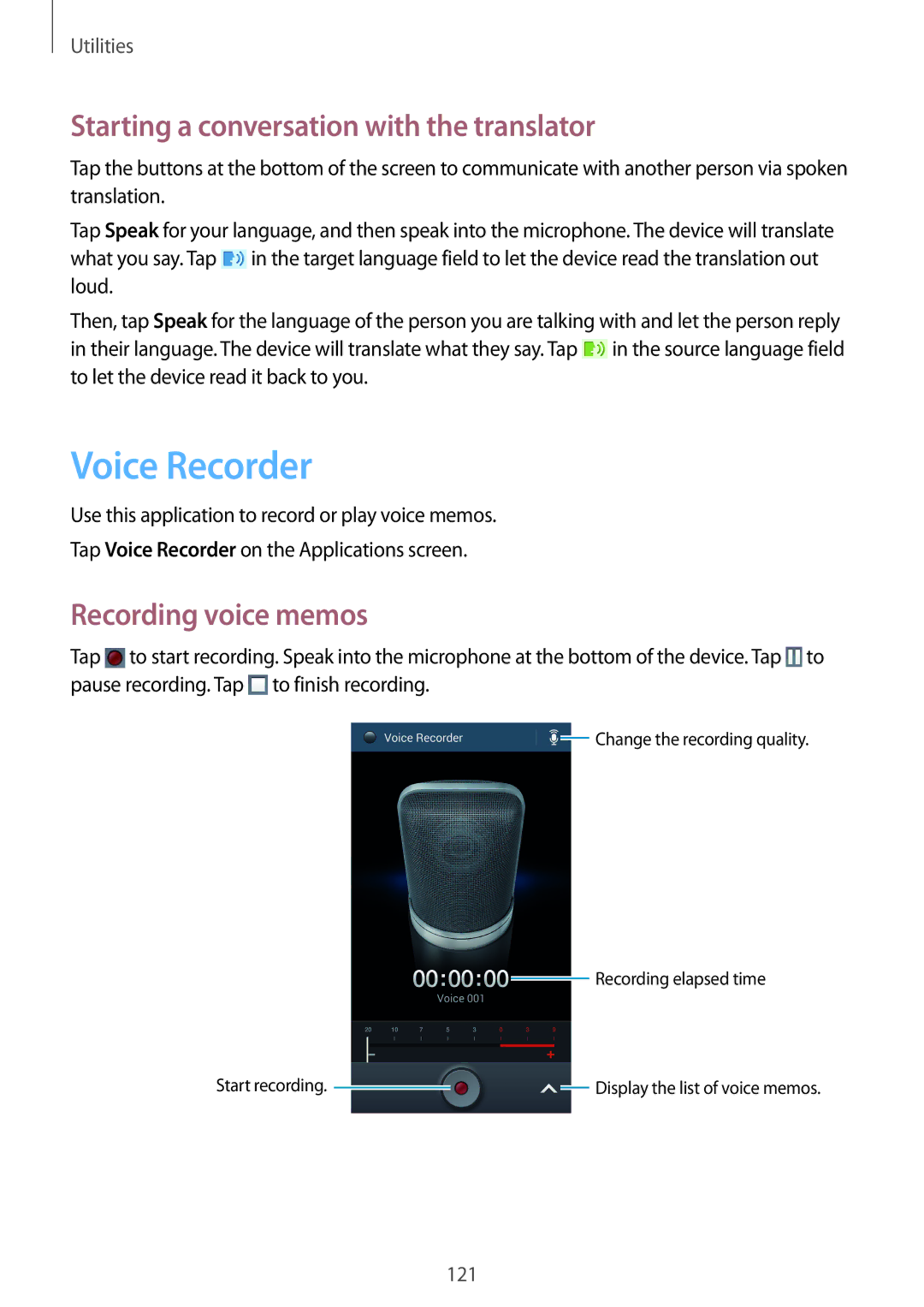 Samsung GT-I9515ZSATIM, GT-I9515ZWAVD2 Voice Recorder, Starting a conversation with the translator, Recording voice memos 