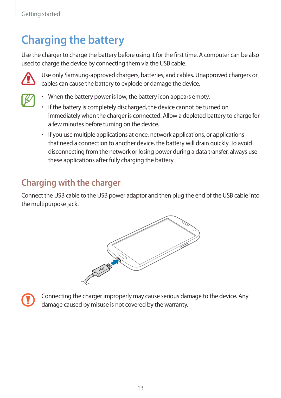 Samsung GT-I9515DKYVIA, GT-I9515ZWAVD2, GT-I9515ZSADBT, GT-I9515ZKAPLS manual Charging the battery, Charging with the charger 