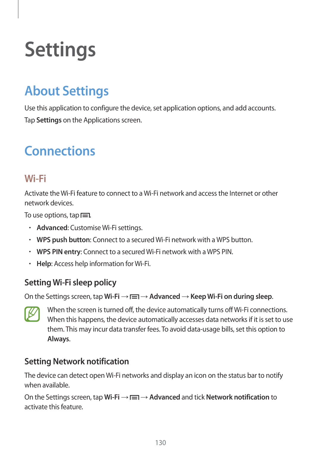 Samsung GT-I9515ZSAATO, GT-I9515ZWAVD2, GT-I9515ZSADBT, GT-I9515ZKAPLS, GT-I9515ZWAXEO About Settings, Connections, Wi-Fi 