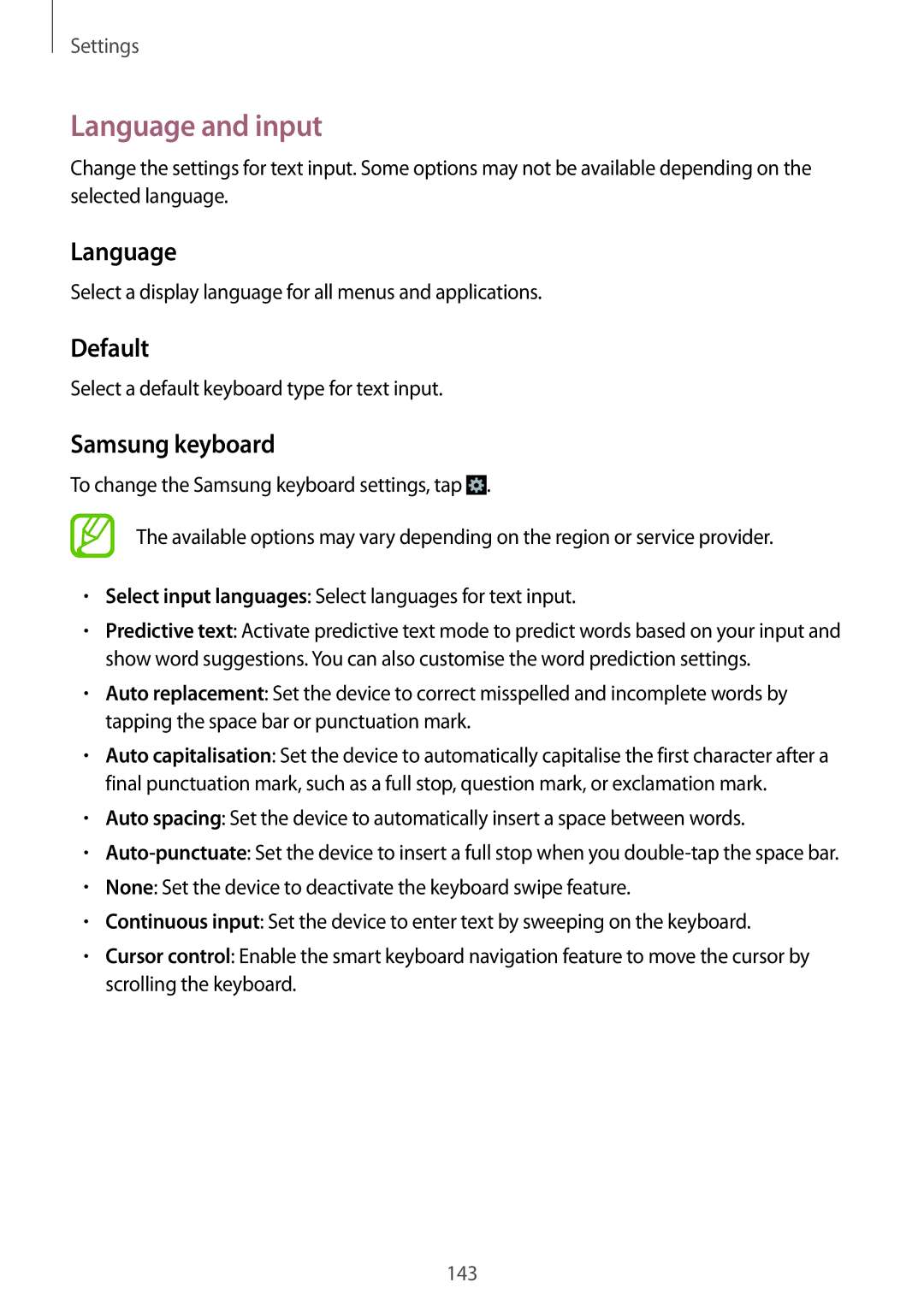 Samsung GT-I9515DKYKSA, GT-I9515ZWAVD2, GT-I9515ZSADBT, GT-I9515ZKAPLS manual Language and input, Default, Samsung keyboard 