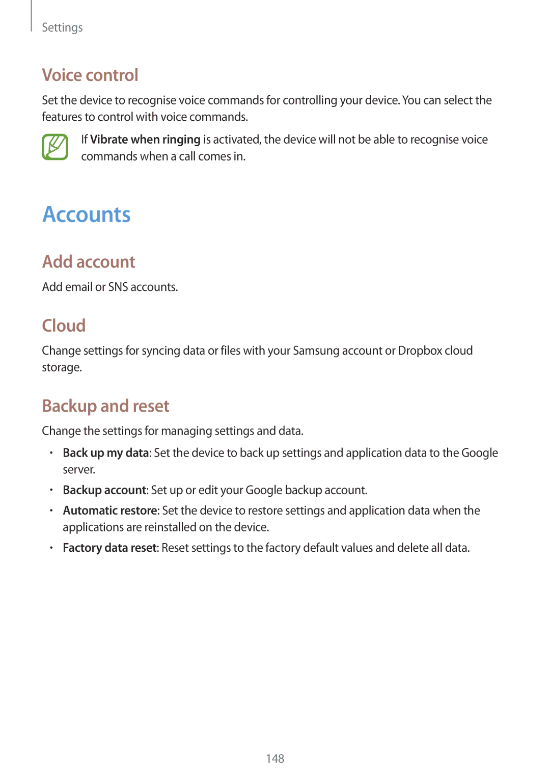 Samsung GT-I9515DKYBGL, GT-I9515ZWAVD2, GT-I9515ZSADBT manual Accounts, Voice control, Add account, Cloud, Backup and reset 