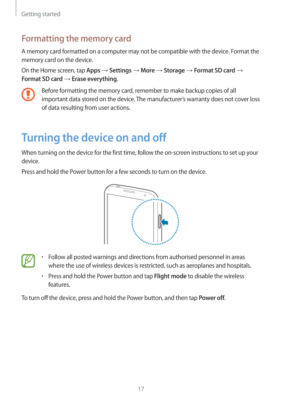 Samsung GT-I9515ZWAXEF, GT-I9515ZWAVD2, GT-I9515ZSADBT manual Turning the device on and off, Formatting the memory card 