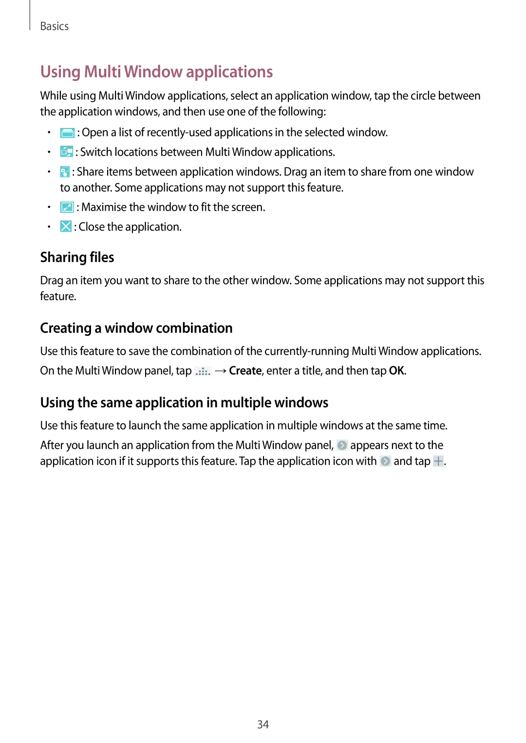 Samsung GT-I9515ZKAATO, GT-I9515ZWAVD2 manual Using Multi Window applications, Sharing files, Creating a window combination 
