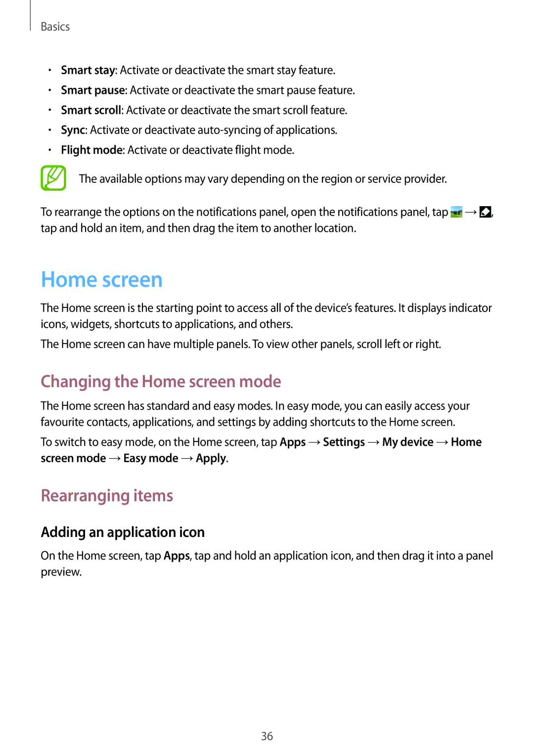 Samsung GT-I9515ZSAPHE, GT-I9515ZWAVD2 Changing the Home screen mode, Rearranging items, Adding an application icon 