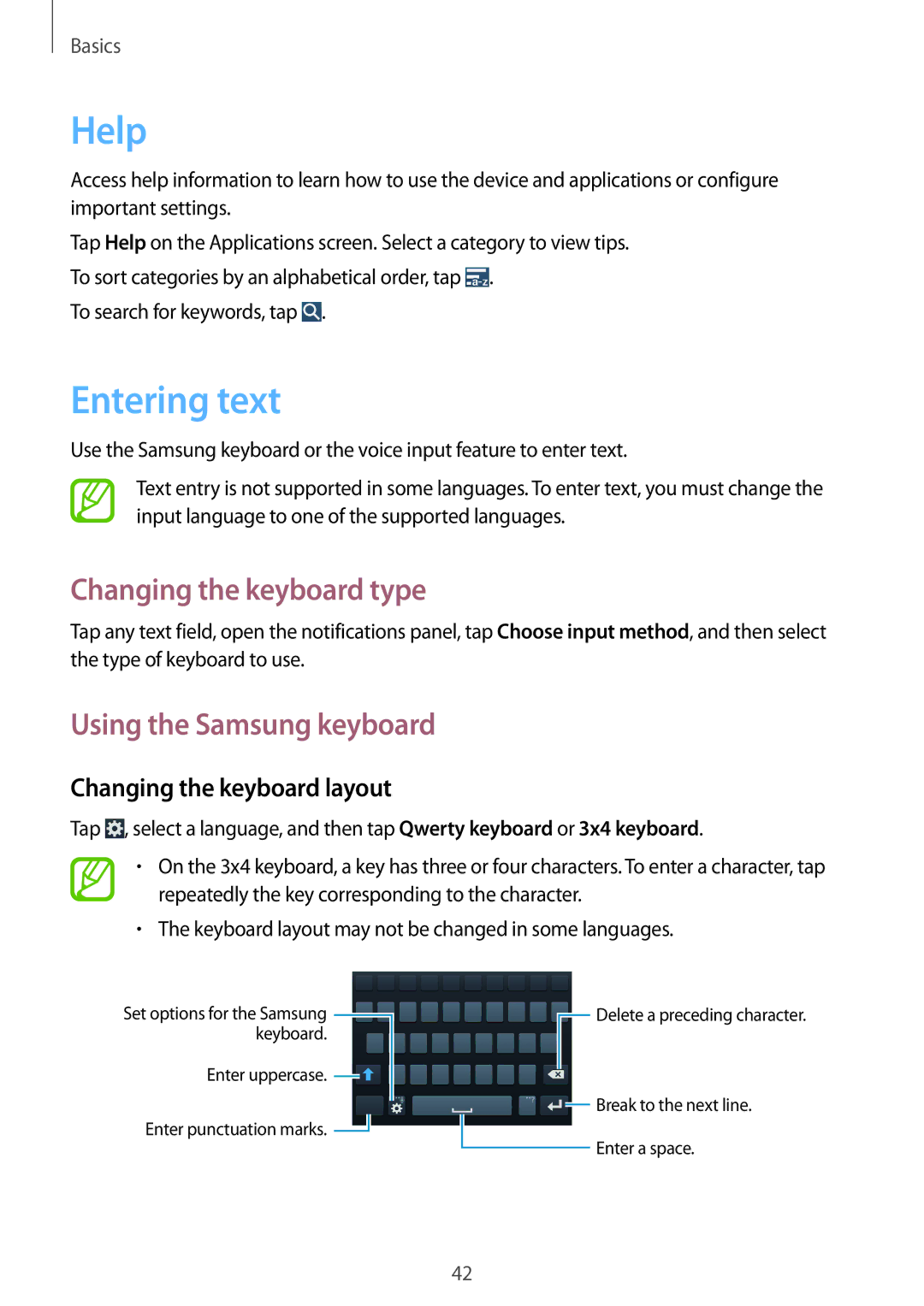 Samsung GT-I9515ZWAMWD, GT-I9515ZWAVD2 manual Help, Entering text, Changing the keyboard type, Using the Samsung keyboard 