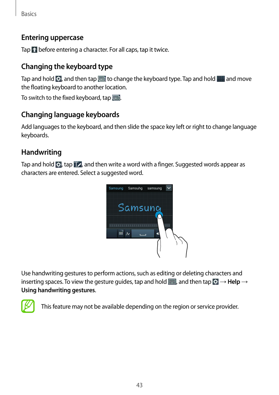 Samsung GT-I9515ZWAATO manual Entering uppercase, Changing the keyboard type, Changing language keyboards, Handwriting 