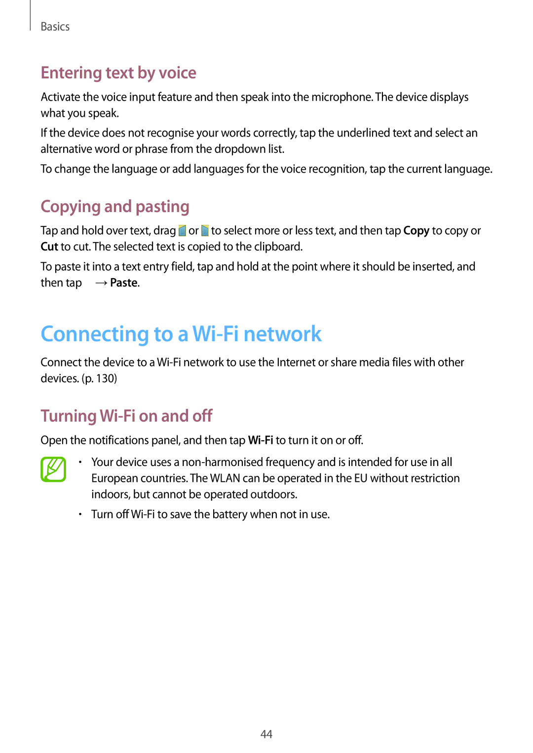 Samsung GT-I9515DKYXSG, GT-I9515ZWAVD2 manual Connecting to a Wi-Fi network, Entering text by voice, Copying and pasting 