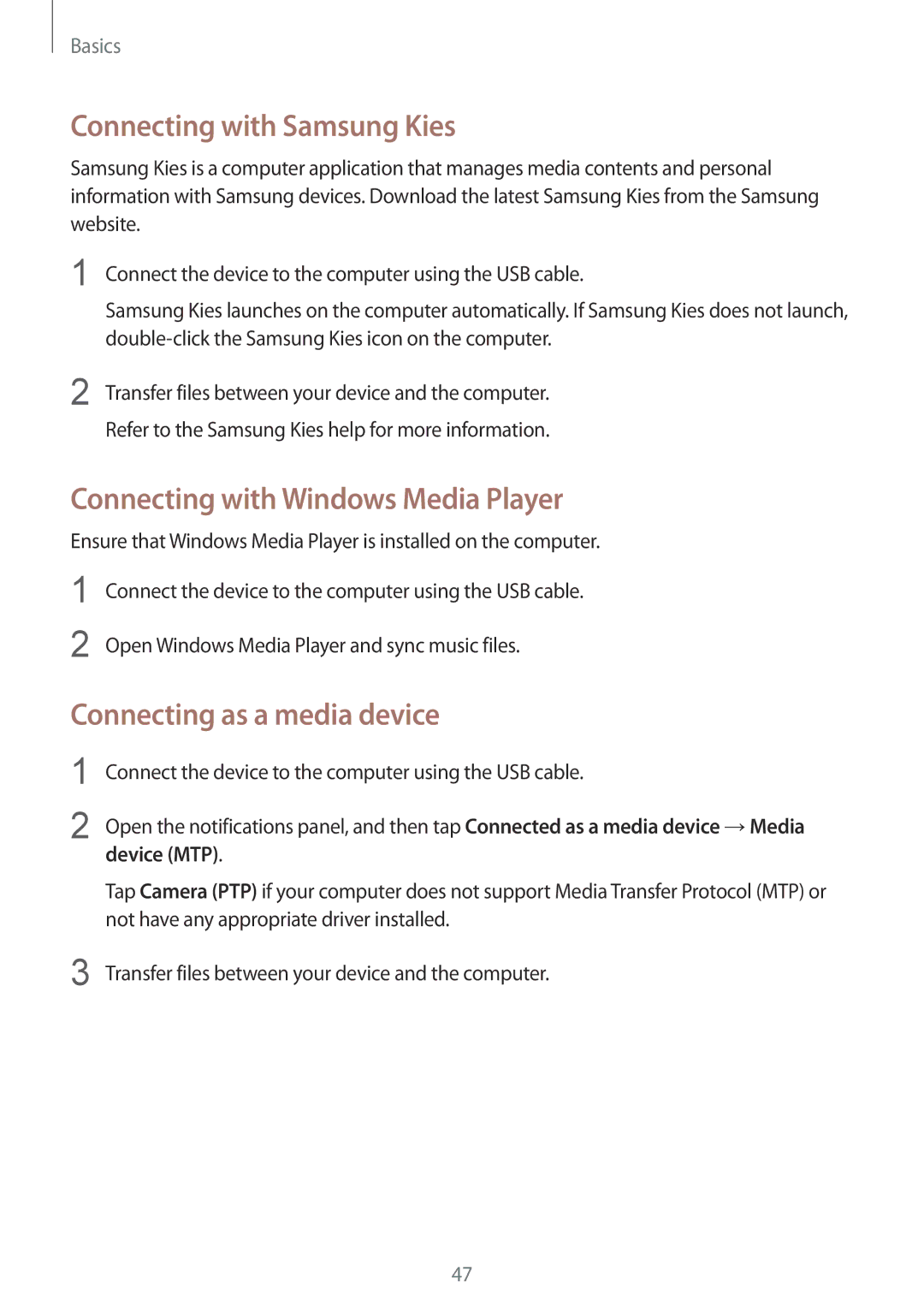 Samsung GT-I9515ZSAXSG Connecting with Samsung Kies, Connecting with Windows Media Player, Connecting as a media device 