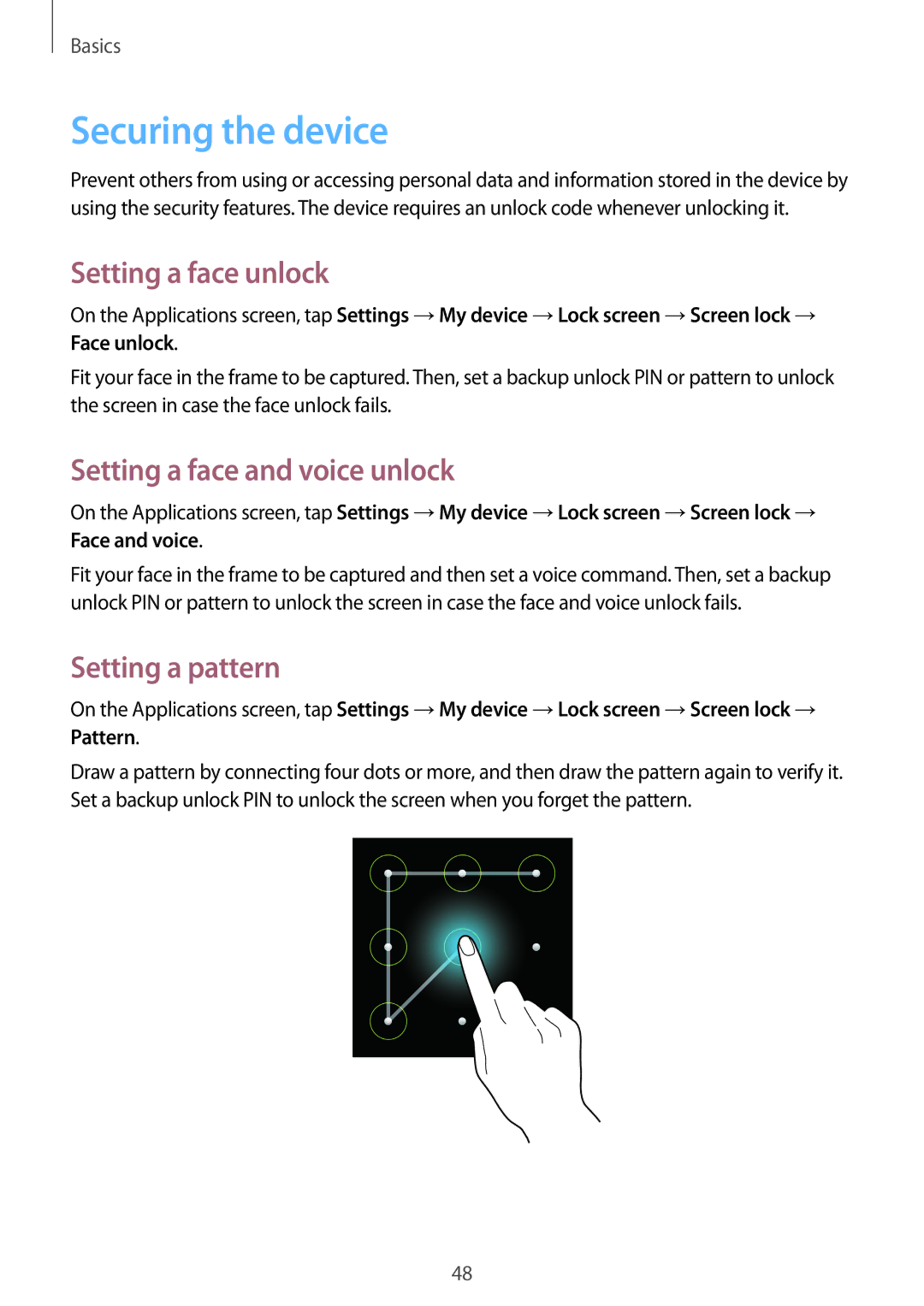 Samsung GT-I9515ZRAKSA Securing the device, Setting a face unlock, Setting a face and voice unlock, Setting a pattern 