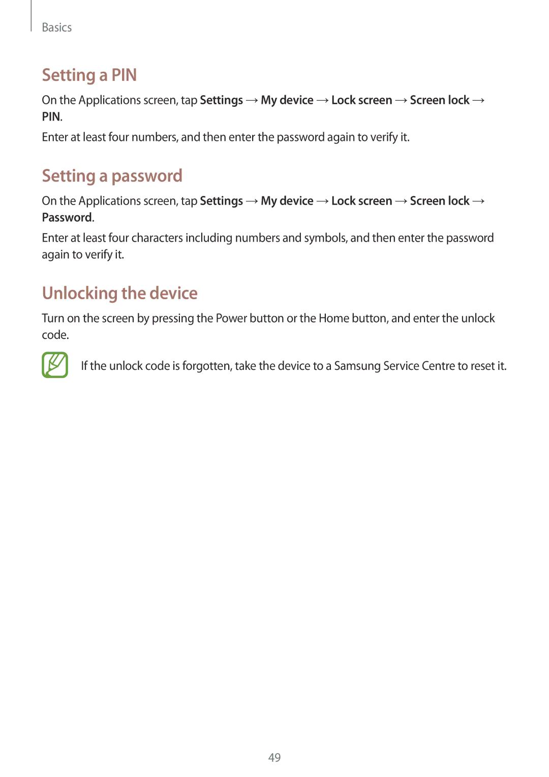 Samsung GT-I9515ZPAKSA, GT-I9515ZWAVD2, GT-I9515ZSADBT manual Setting a PIN, Setting a password, Unlocking the device 