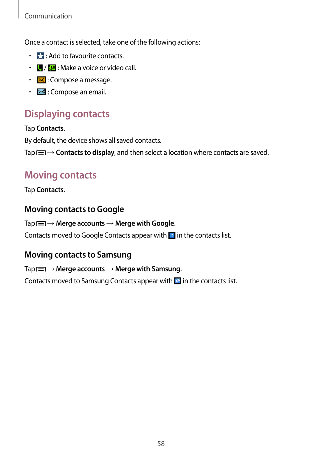 Samsung GT-I9515DKYBGL, GT-I9515ZWAVD2 manual Displaying contacts, Moving contacts to Google, Moving contacts to Samsung 