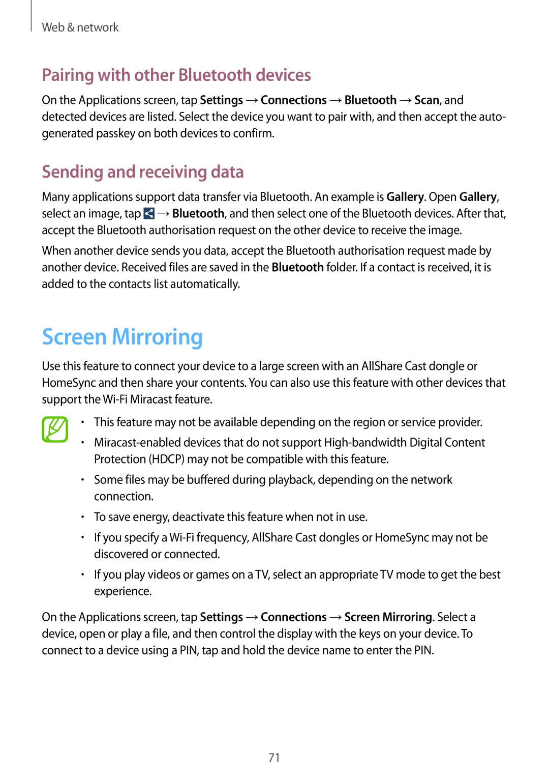 Samsung GT2I9515ZKAXEH, GT-I9515ZWAVD2 Screen Mirroring, Pairing with other Bluetooth devices, Sending and receiving data 